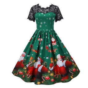 2021 Holiday Santa Claus Print Elegant Women Lace Short Sleeve Vintage Pleated Dress Plus Size 3XL Robe Femme Winter Party