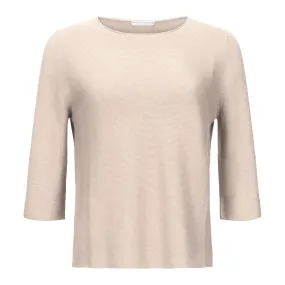 3/4 Sleeve Fitted Cotton Sweater - Beige