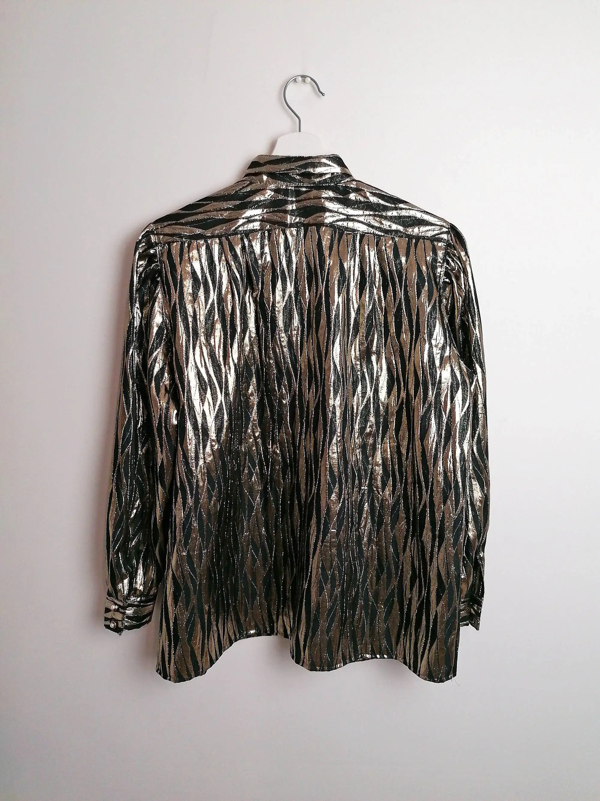 80's Shiny Lurex Blouse Black Gold Puffy Sleeve - size M-L