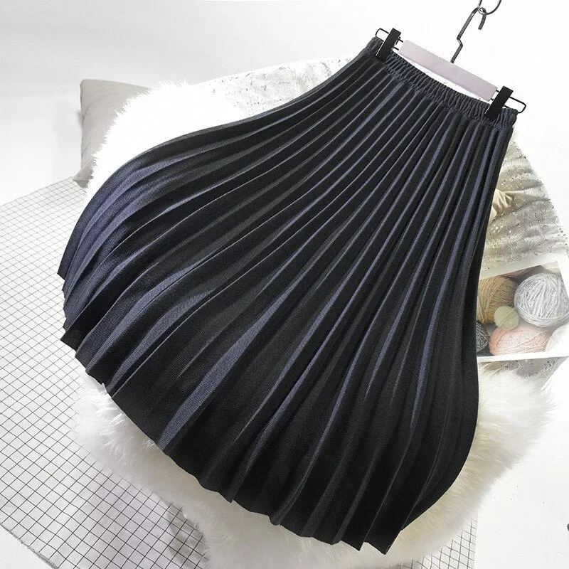 Autumn Winter Women Elegant Pleated Stretch High Waist A-Line Skirt Outwear