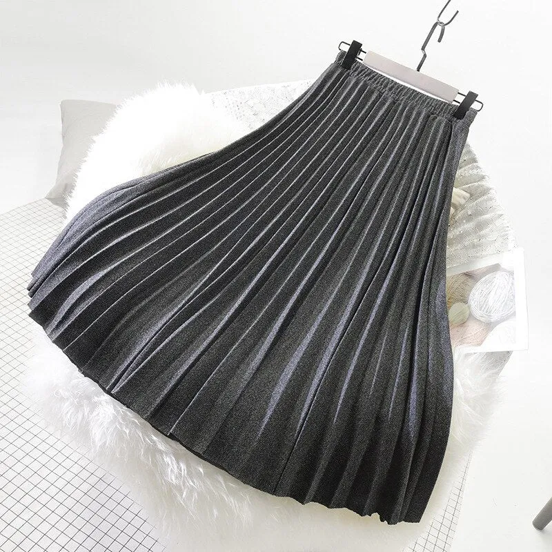 Autumn Winter Women Elegant Pleated Stretch High Waist A-Line Skirt Outwear