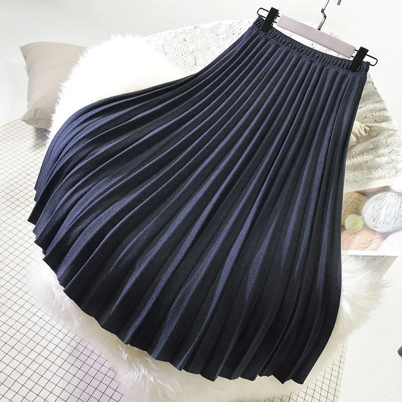 Autumn Winter Women Elegant Pleated Stretch High Waist A-Line Skirt Outwear