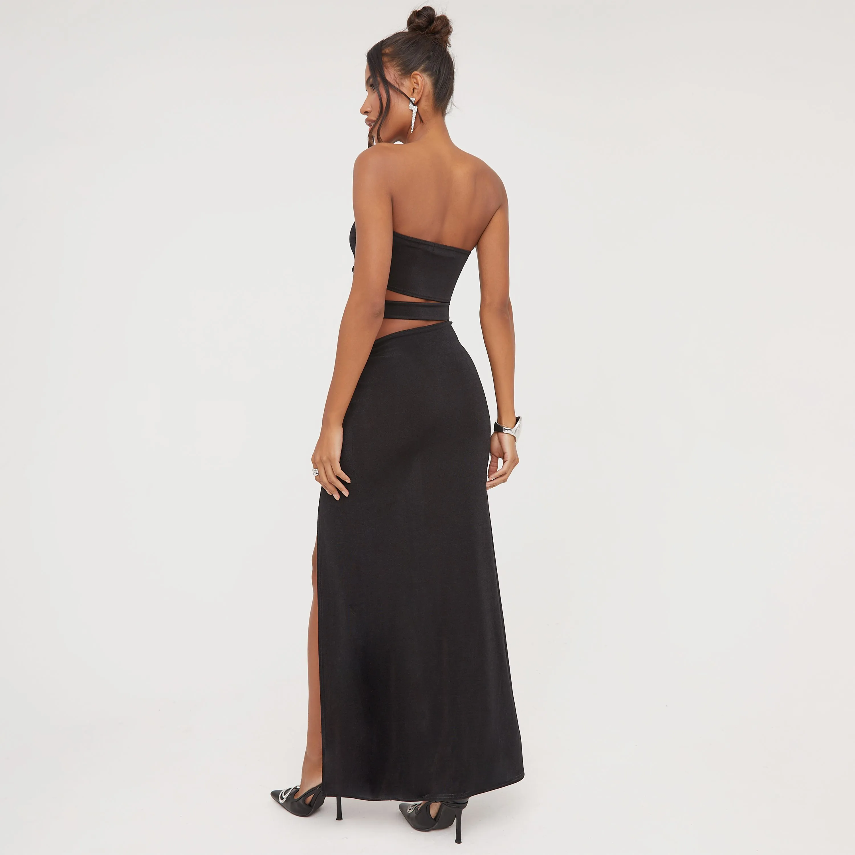 Bandeau Cut Out Detail Front Split Maxi Dress In Black