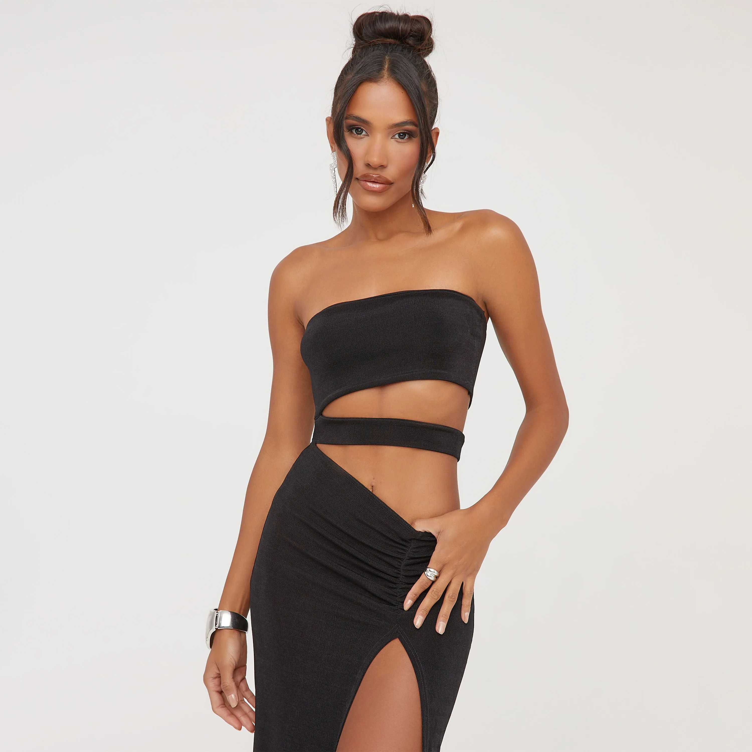 Bandeau Cut Out Detail Front Split Maxi Dress In Black