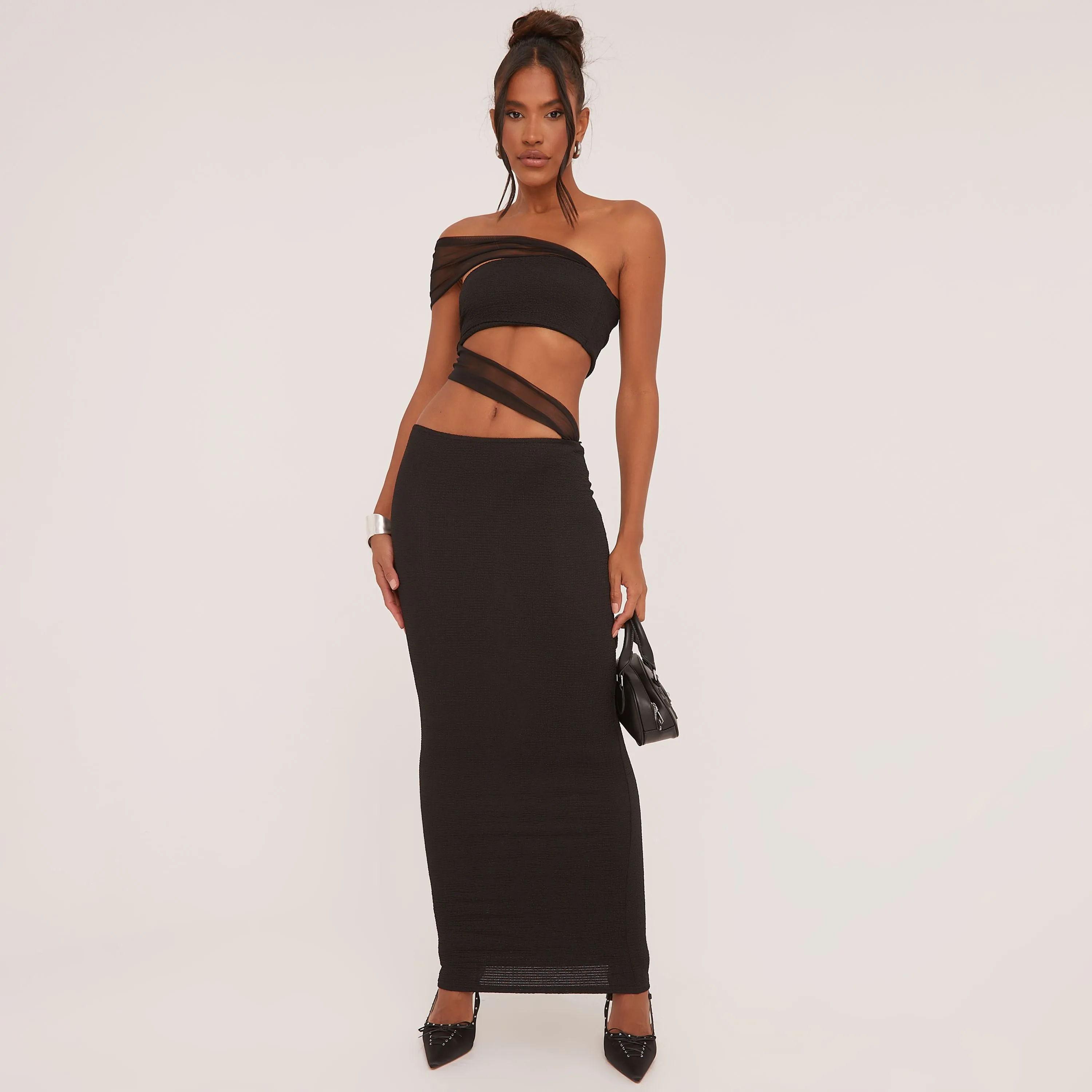 Bandeau Mesh Strap Detail Cut Out Maxi Dress In Black