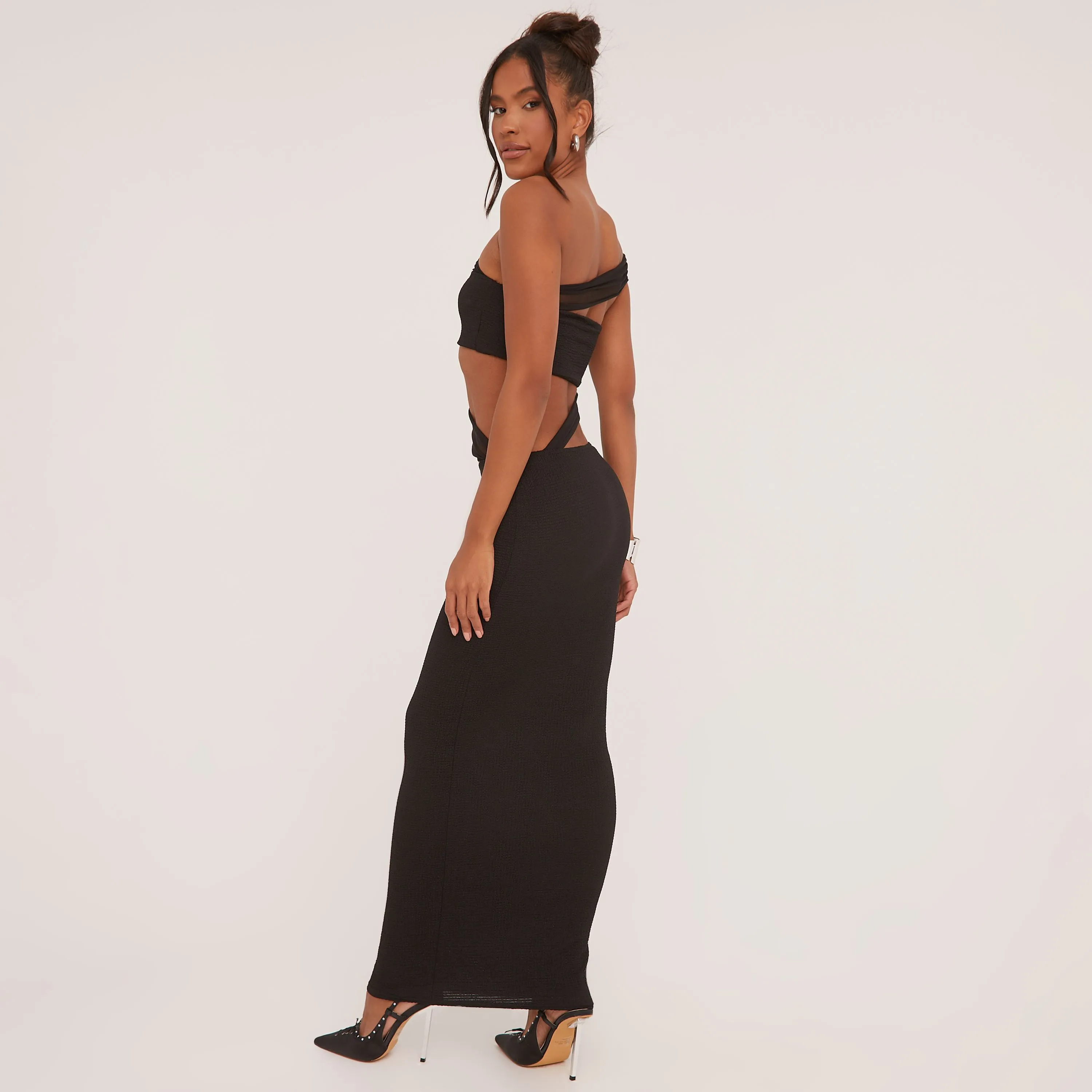 Bandeau Mesh Strap Detail Cut Out Maxi Dress In Black