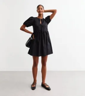 Black Cotton Tie Front Mini Smock Dress New Look