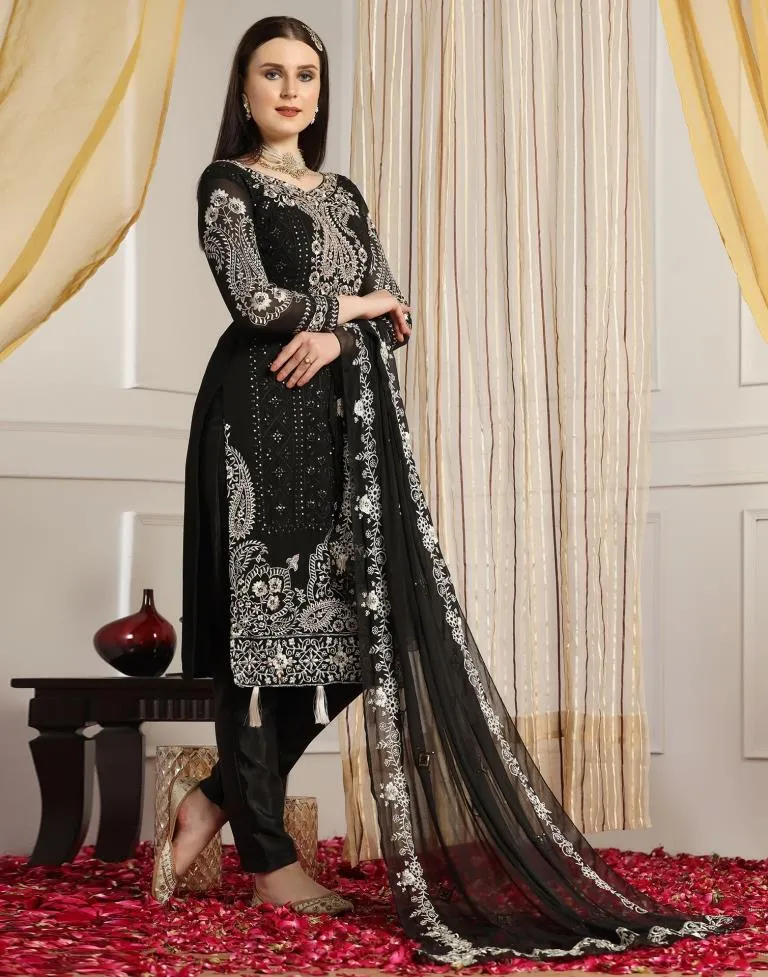 Black Plain Georgette Unstitched Salwar Suit Material