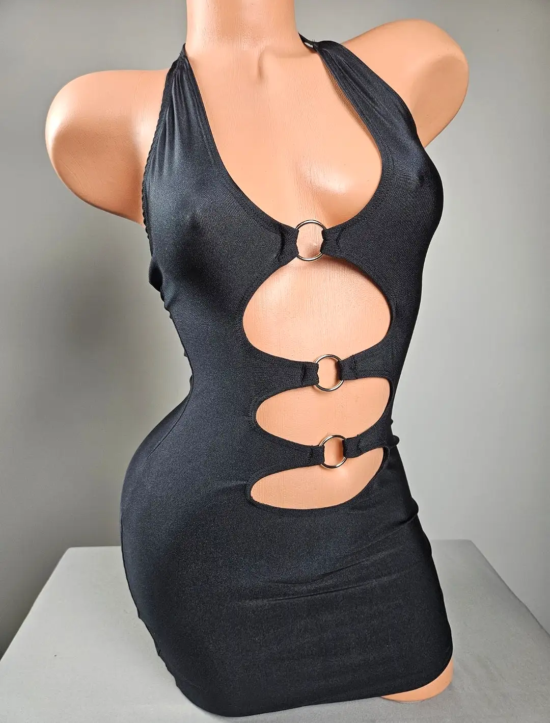 Black Triple Ring Cut Out Mini Dress