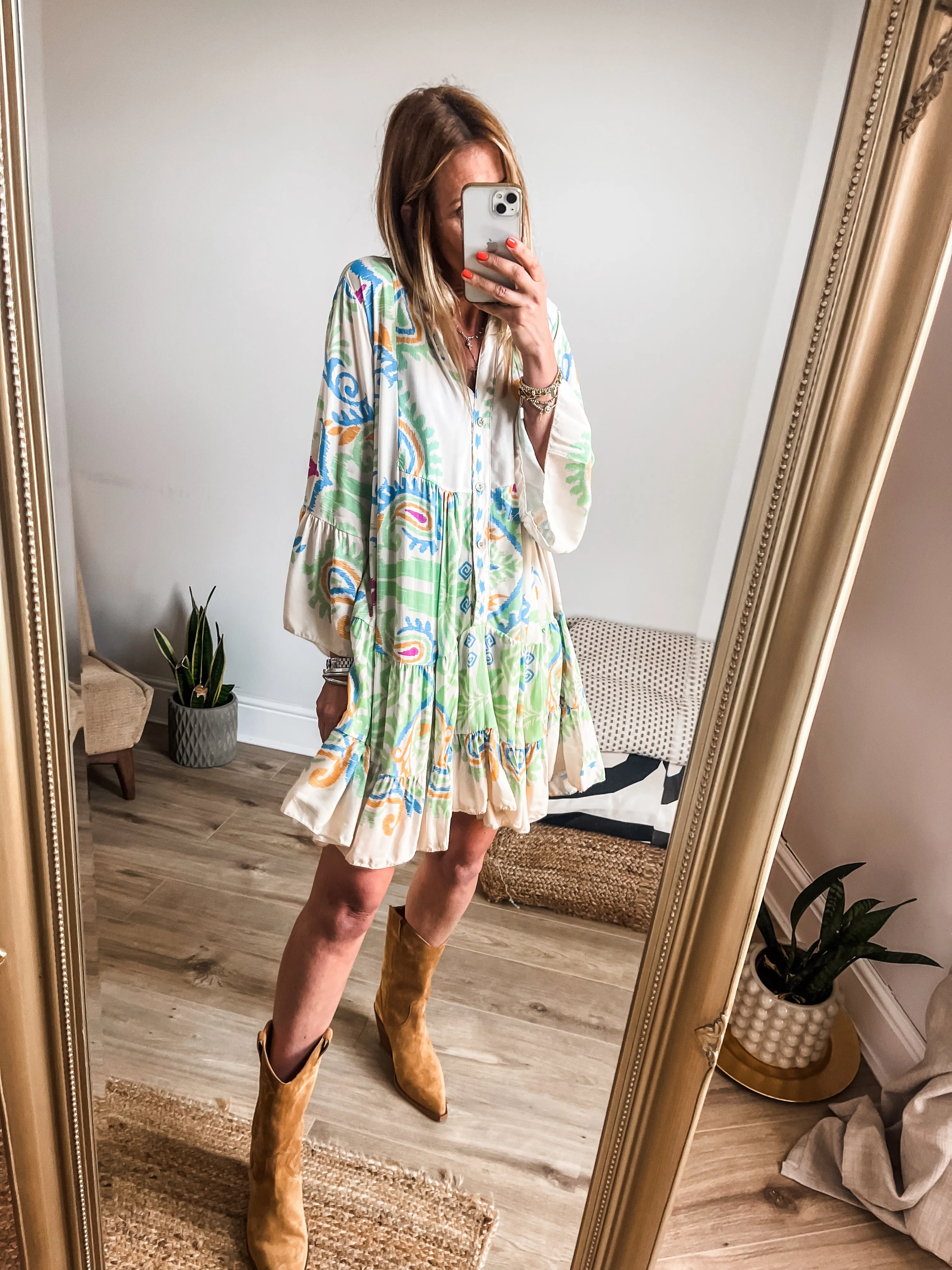 Boho Printed Tiered Smock Mini Dress