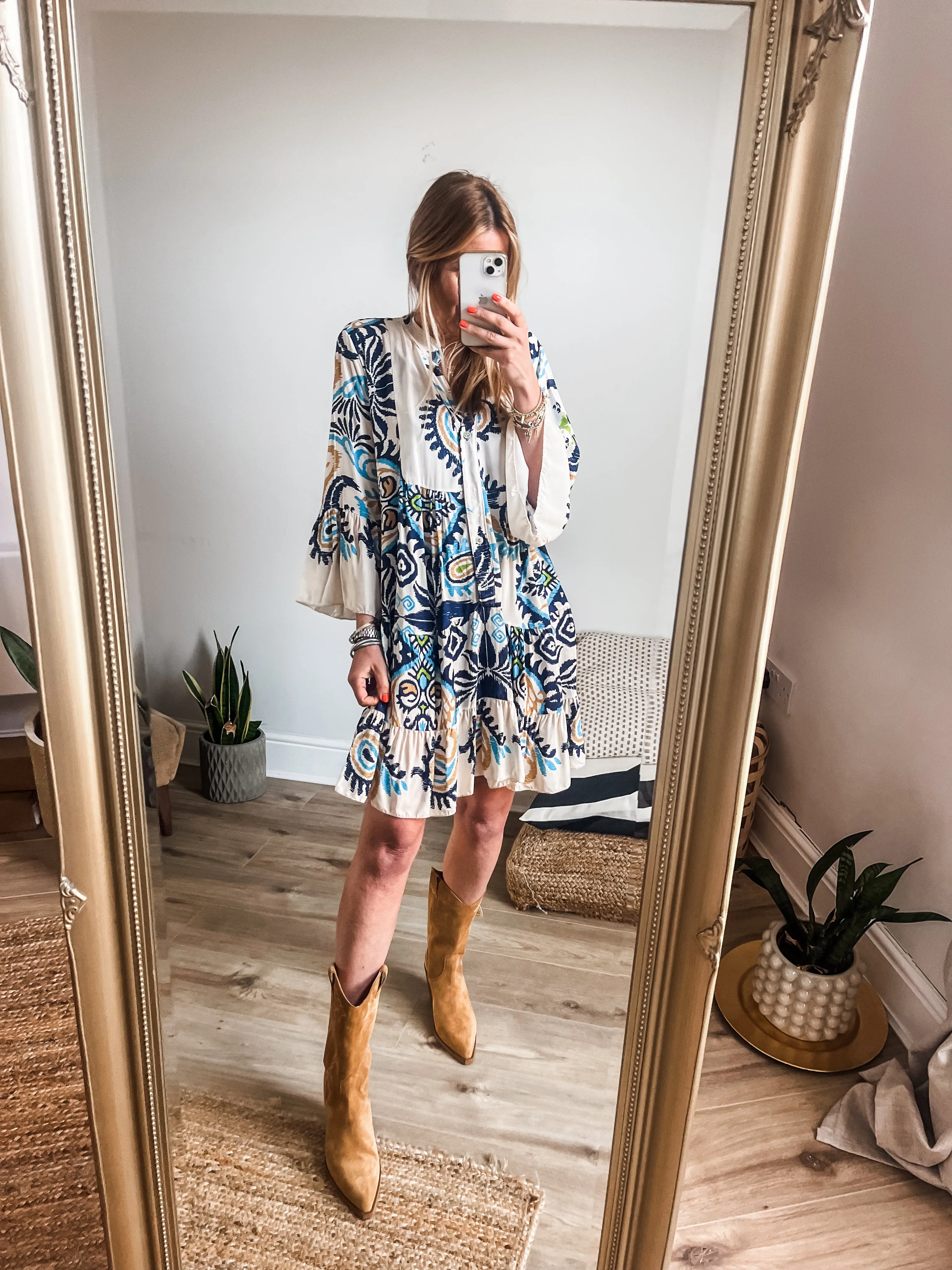 Boho Printed Tiered Smock Mini Dress