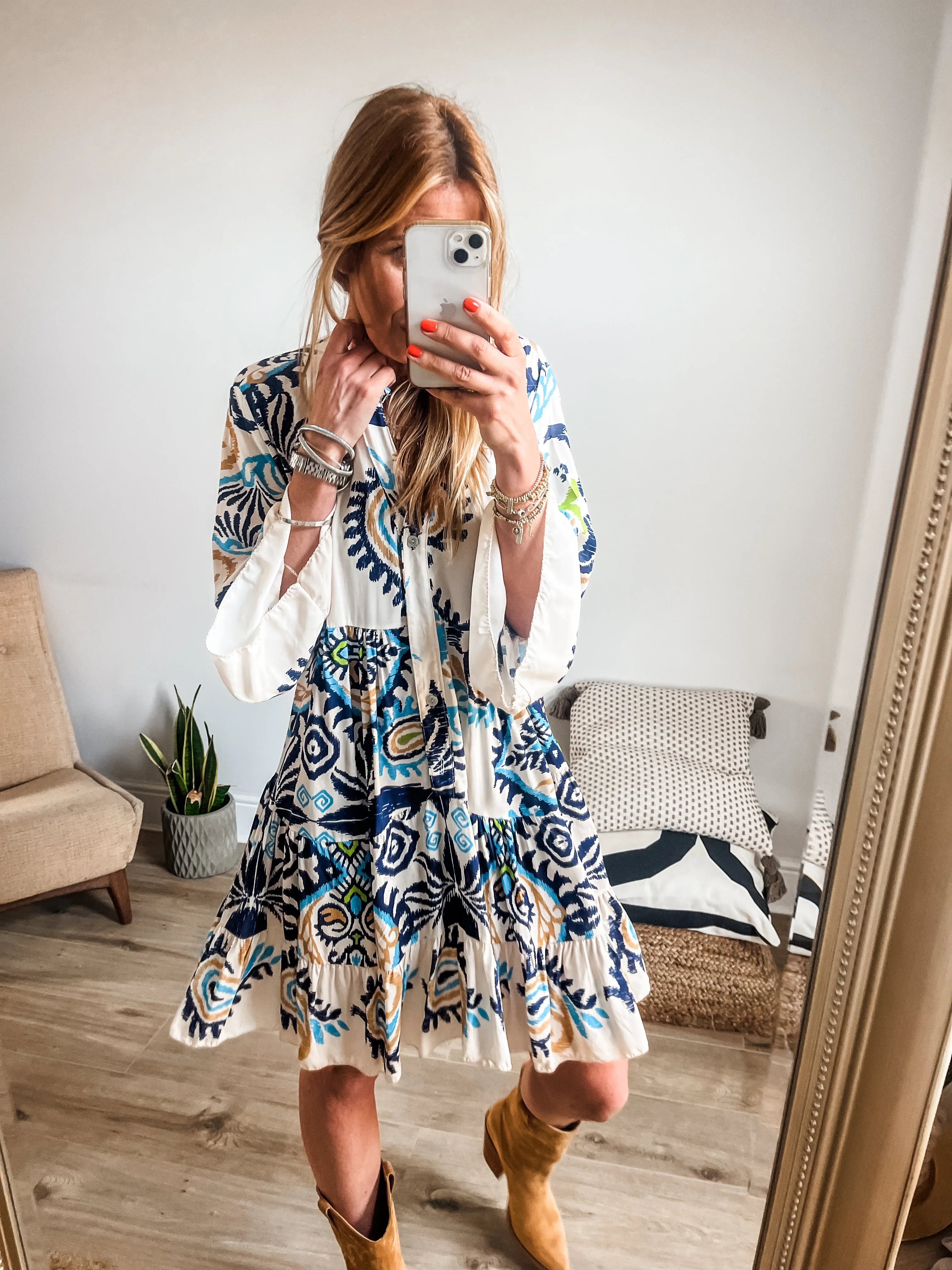 Boho Printed Tiered Smock Mini Dress