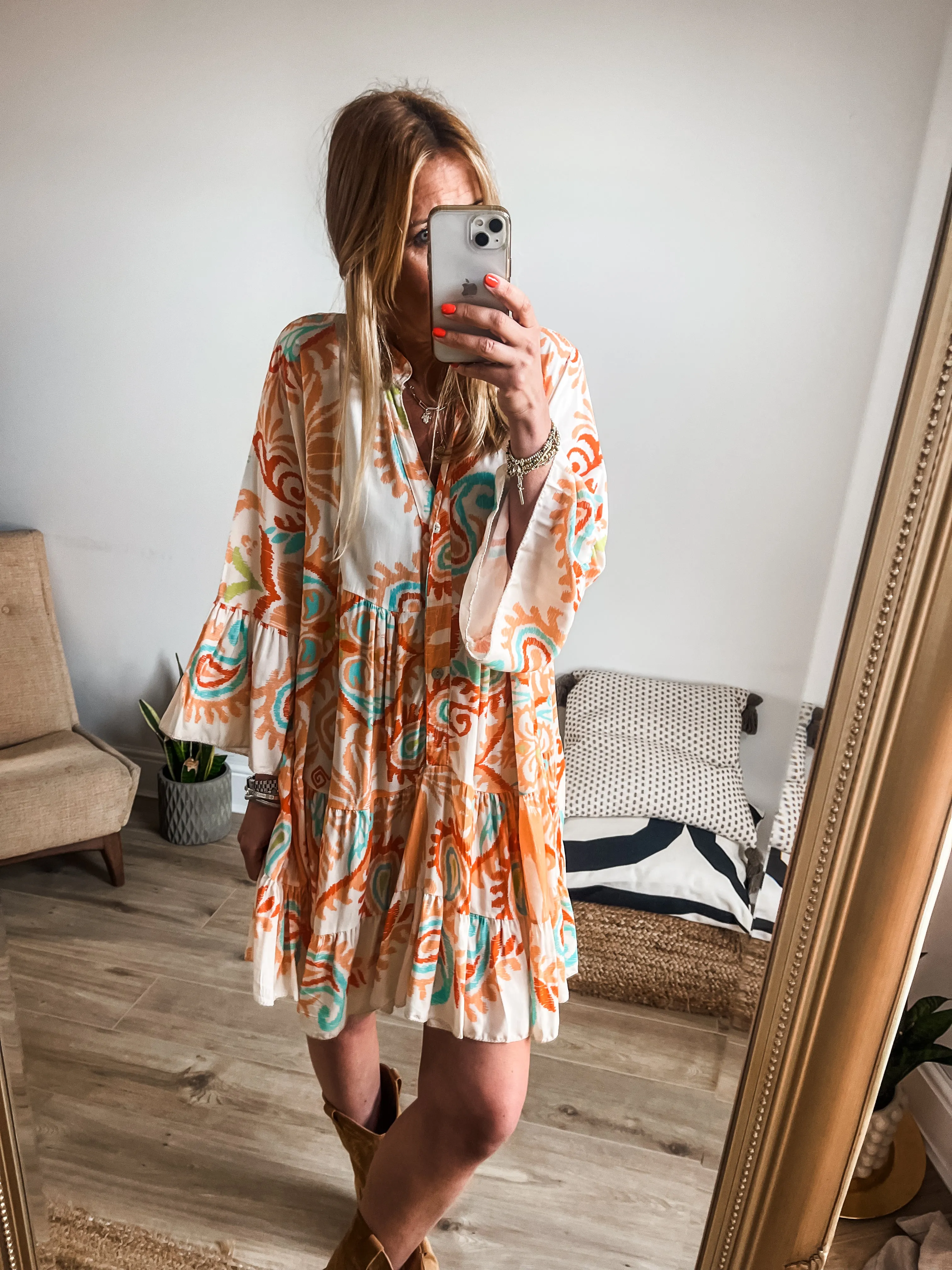 Boho Printed Tiered Smock Mini Dress