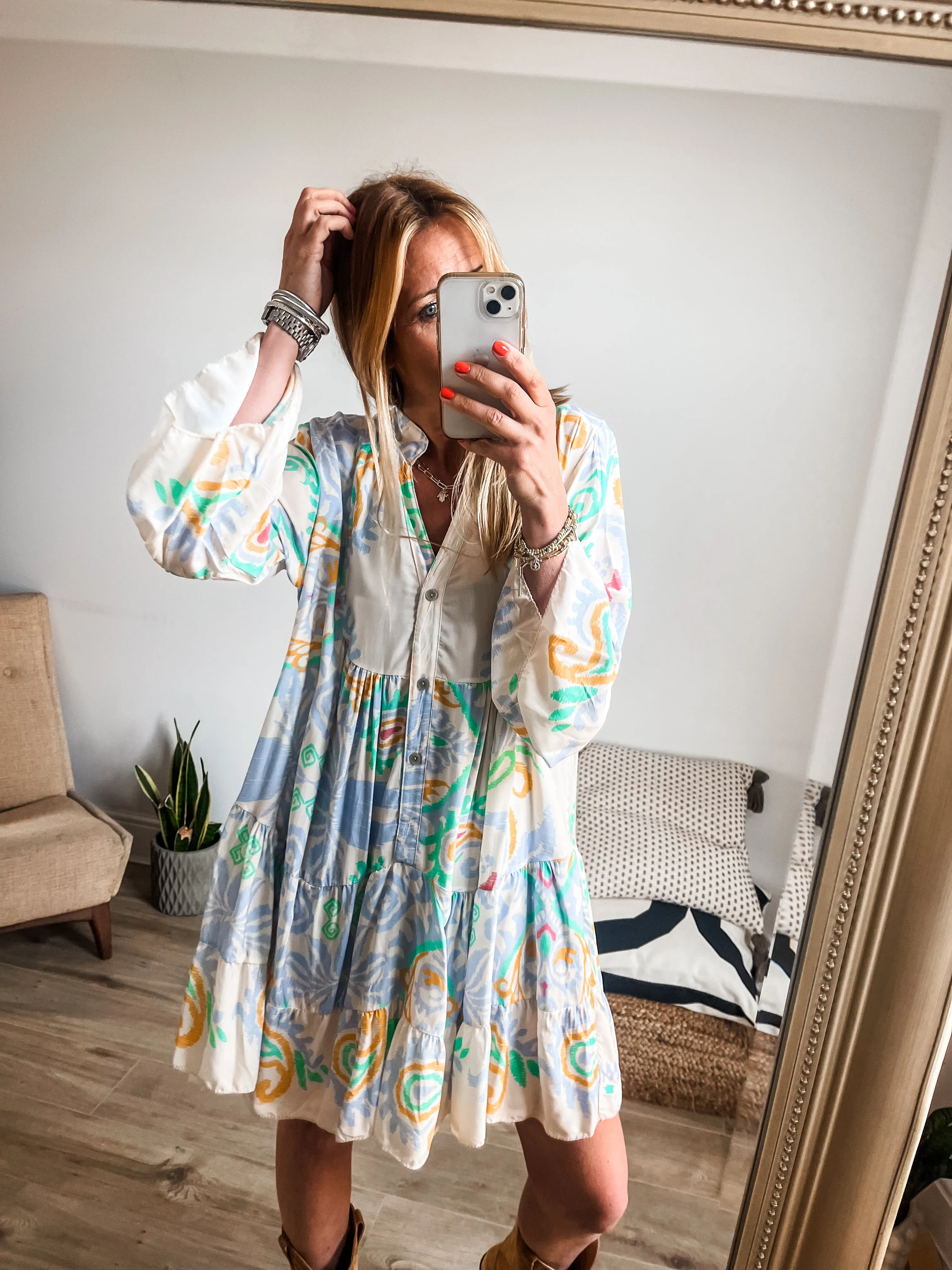 Boho Printed Tiered Smock Mini Dress