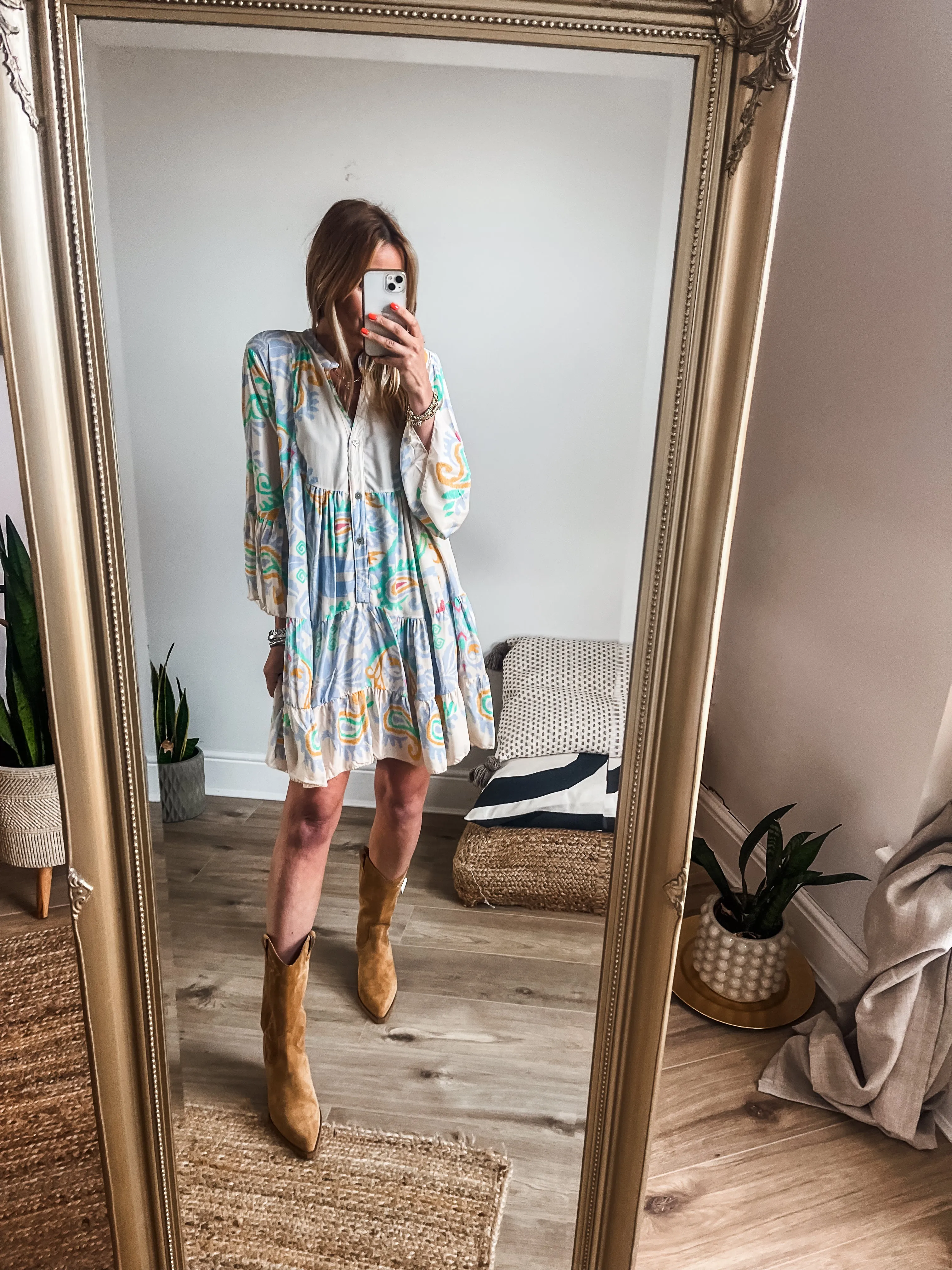 Boho Printed Tiered Smock Mini Dress