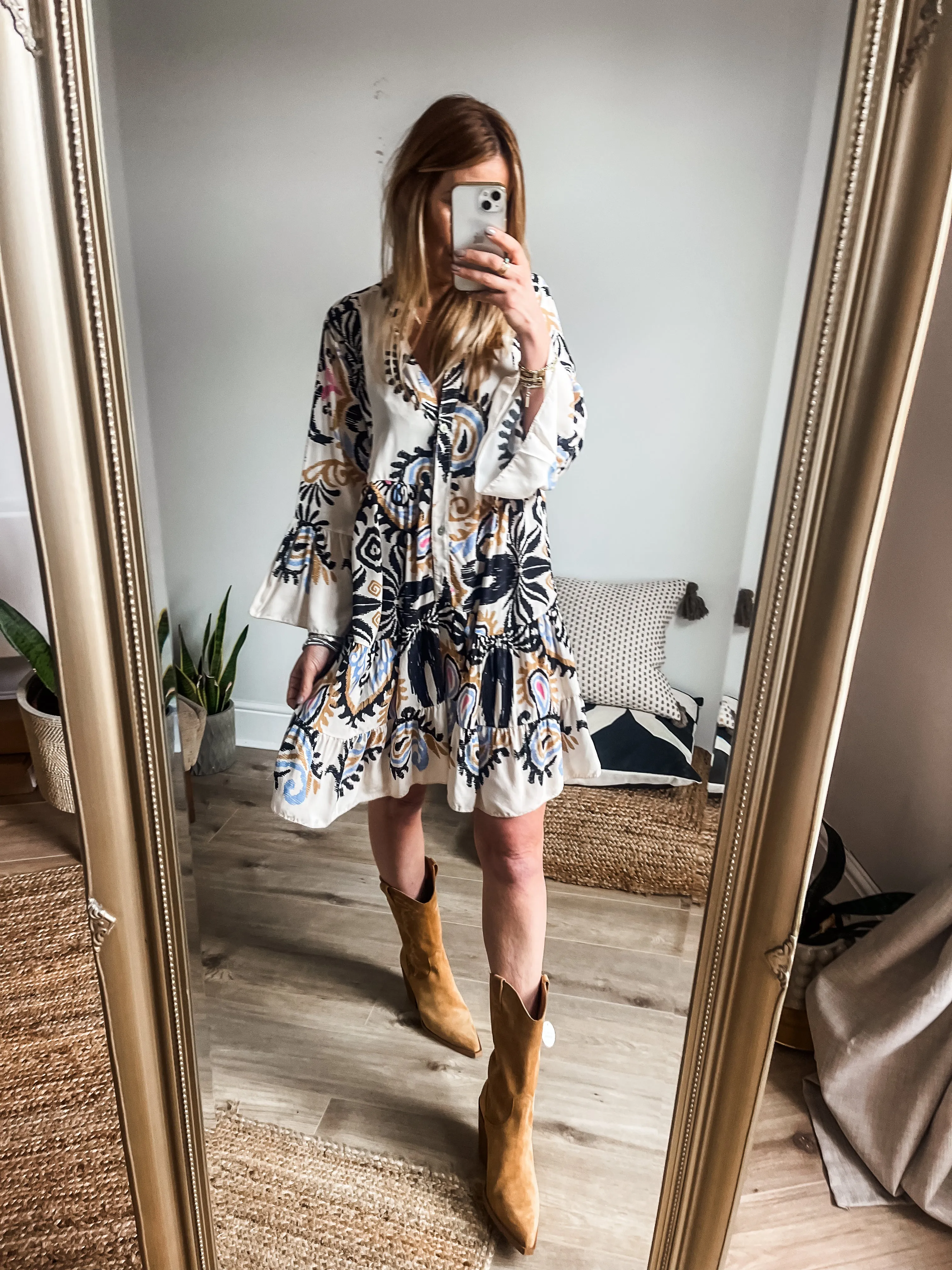 Boho Printed Tiered Smock Mini Dress