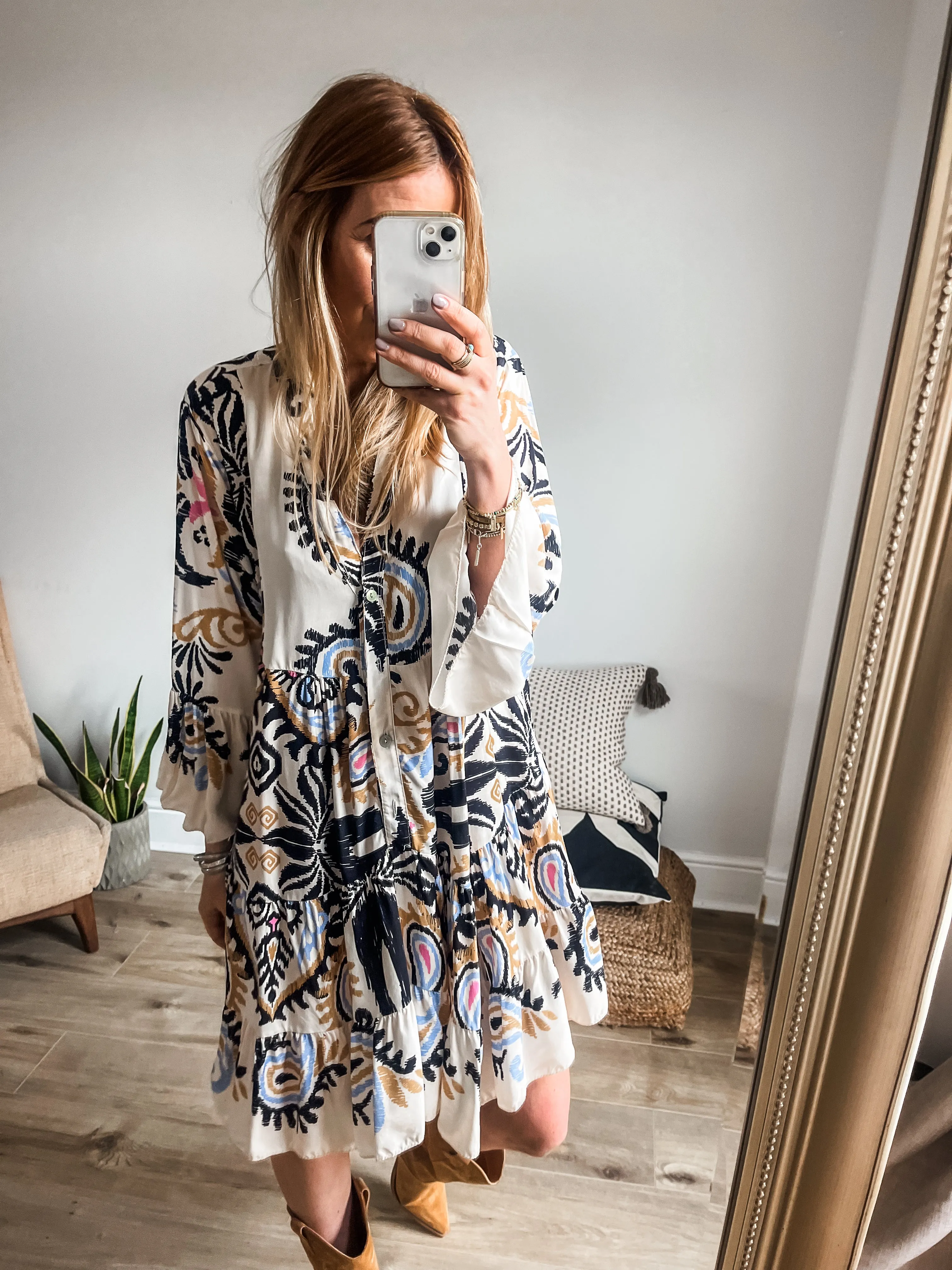 Boho Printed Tiered Smock Mini Dress