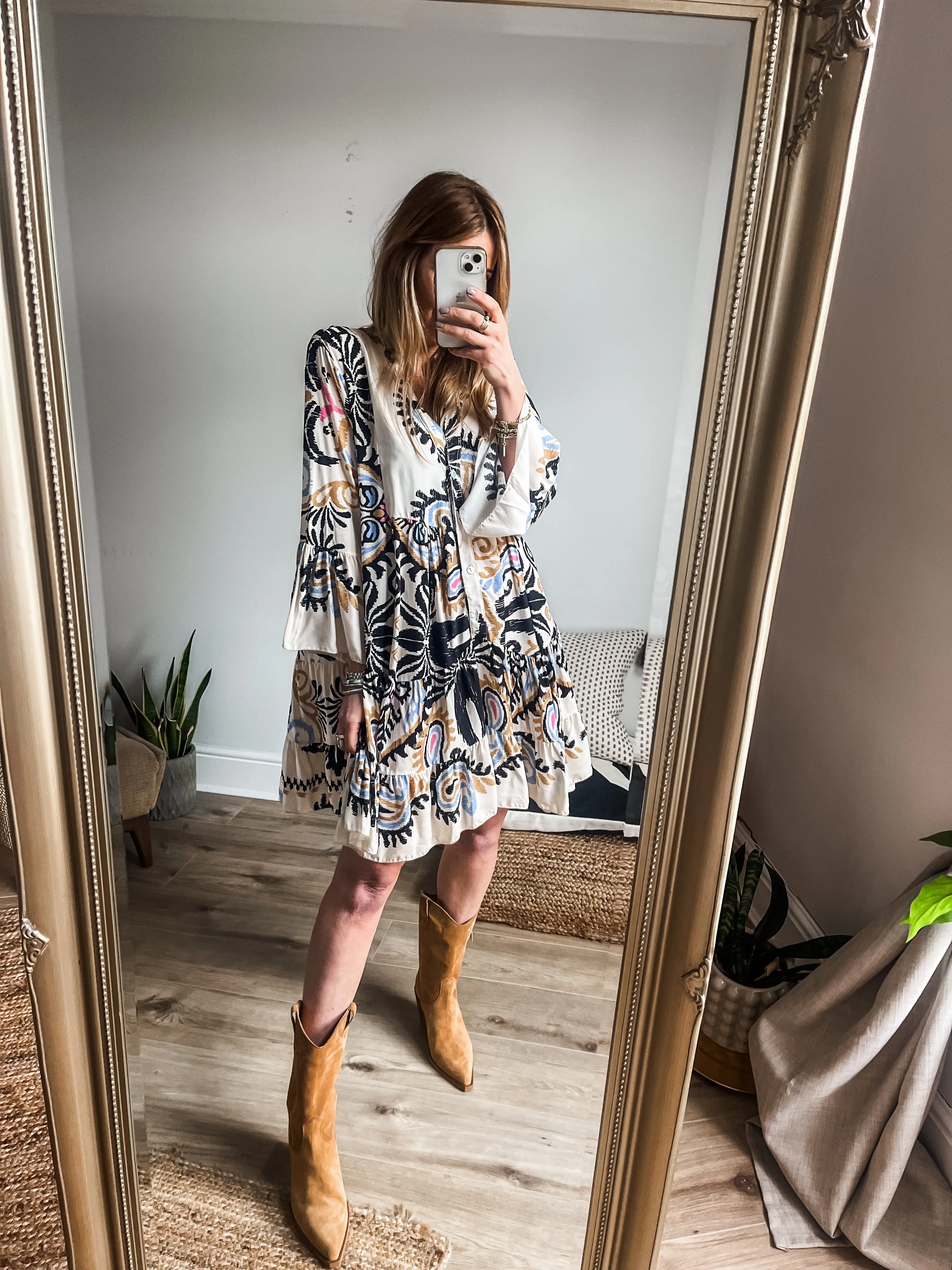 Boho Printed Tiered Smock Mini Dress