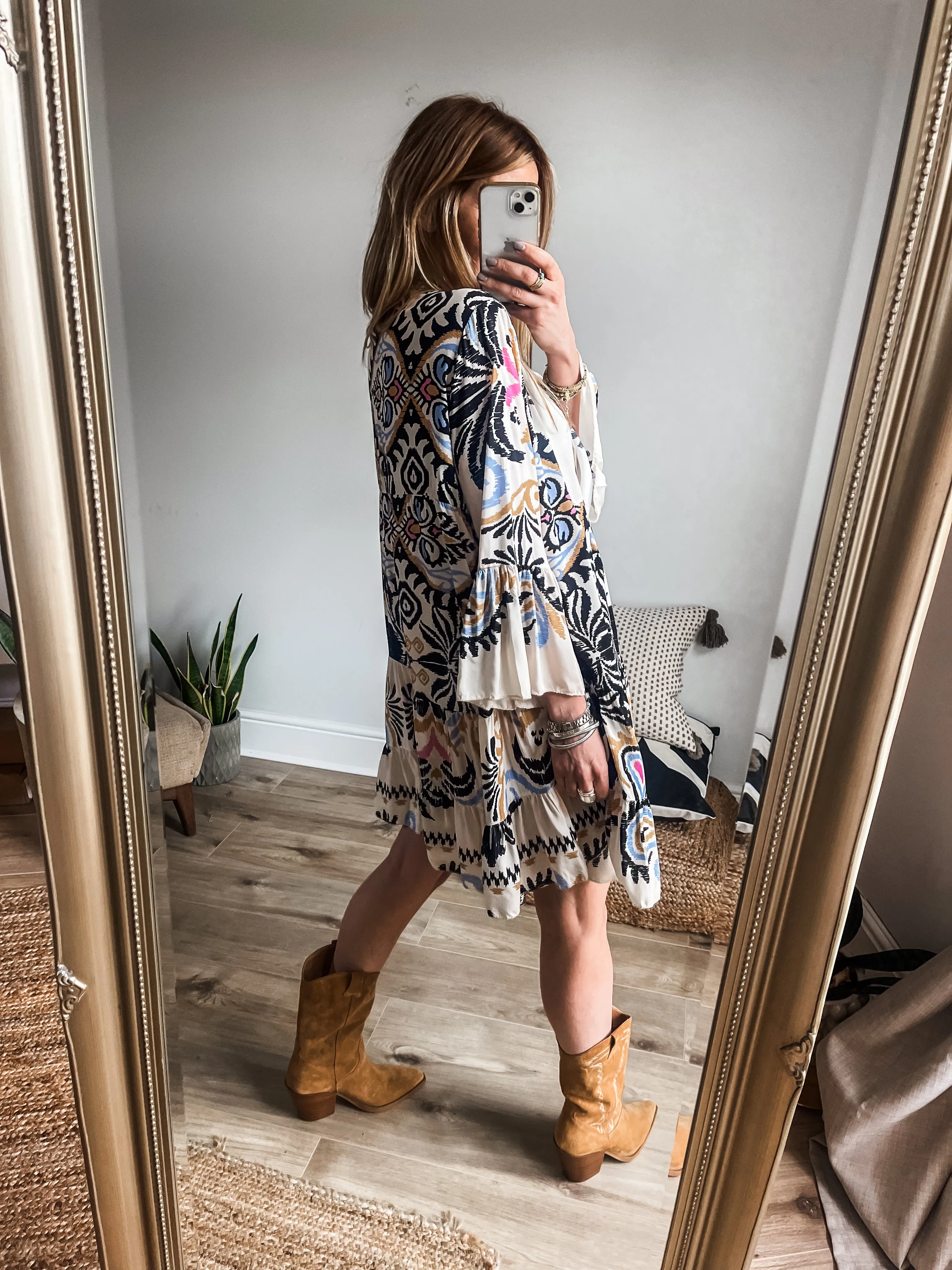 Boho Printed Tiered Smock Mini Dress