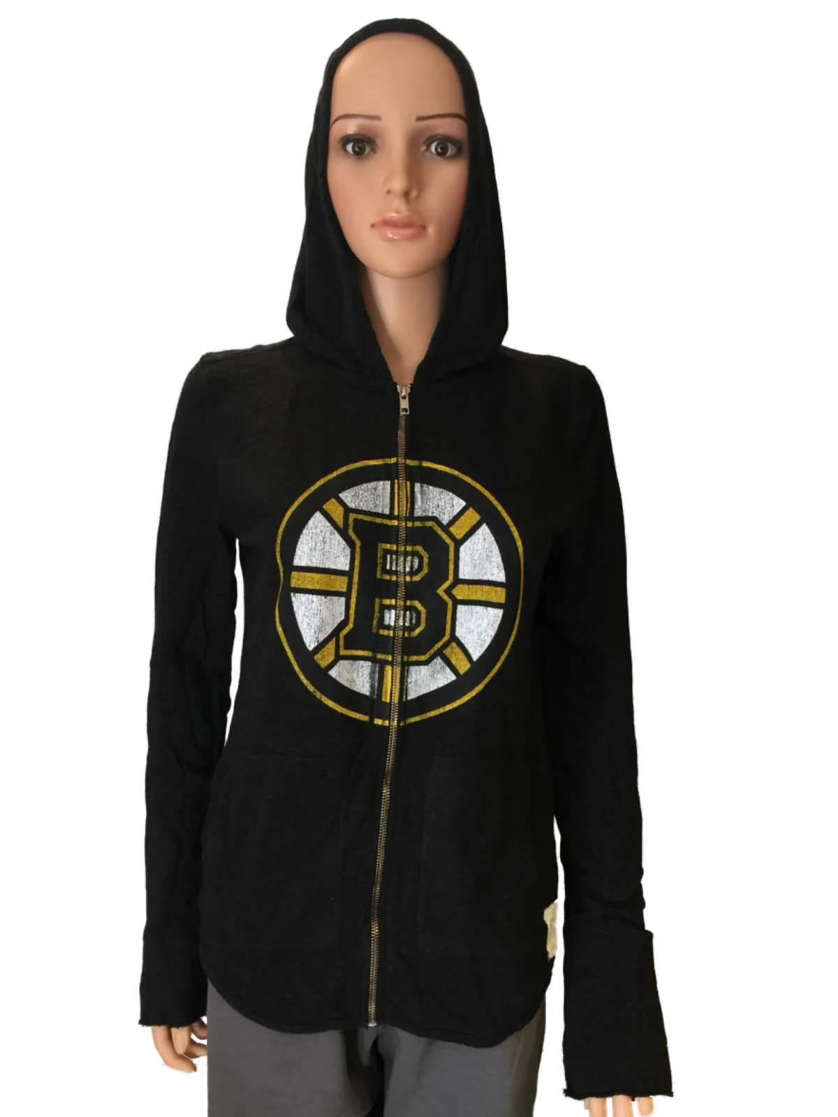 Boston Bruins Retro Brand Women Black Quad Blend Zip Up Hoodie Jacket