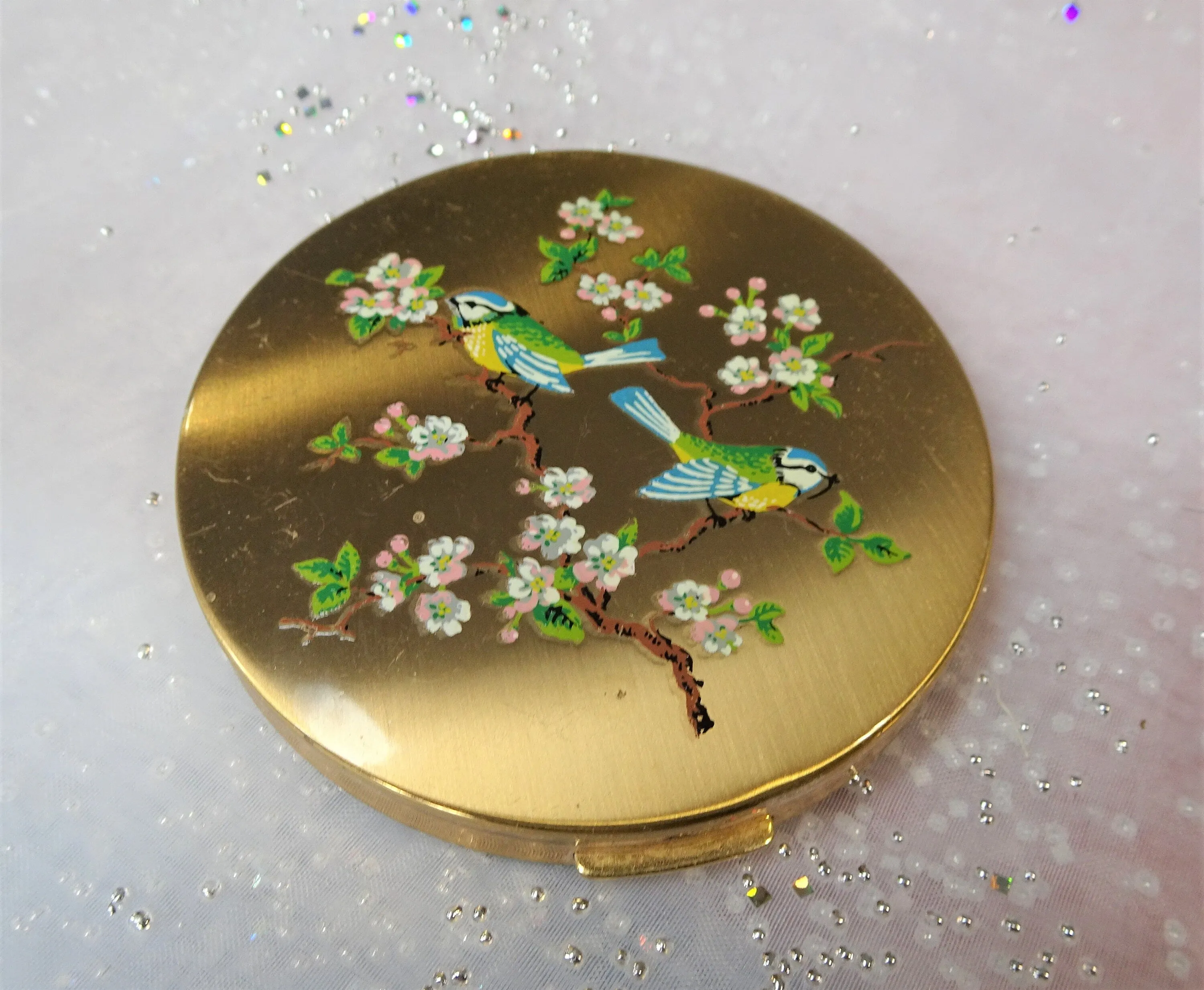 CHARMING Vintage Purse Mirror Powder Compact,Enamel Blue Birds,English Purse Compact,Powder Compact,Collectible Handbag Powder C