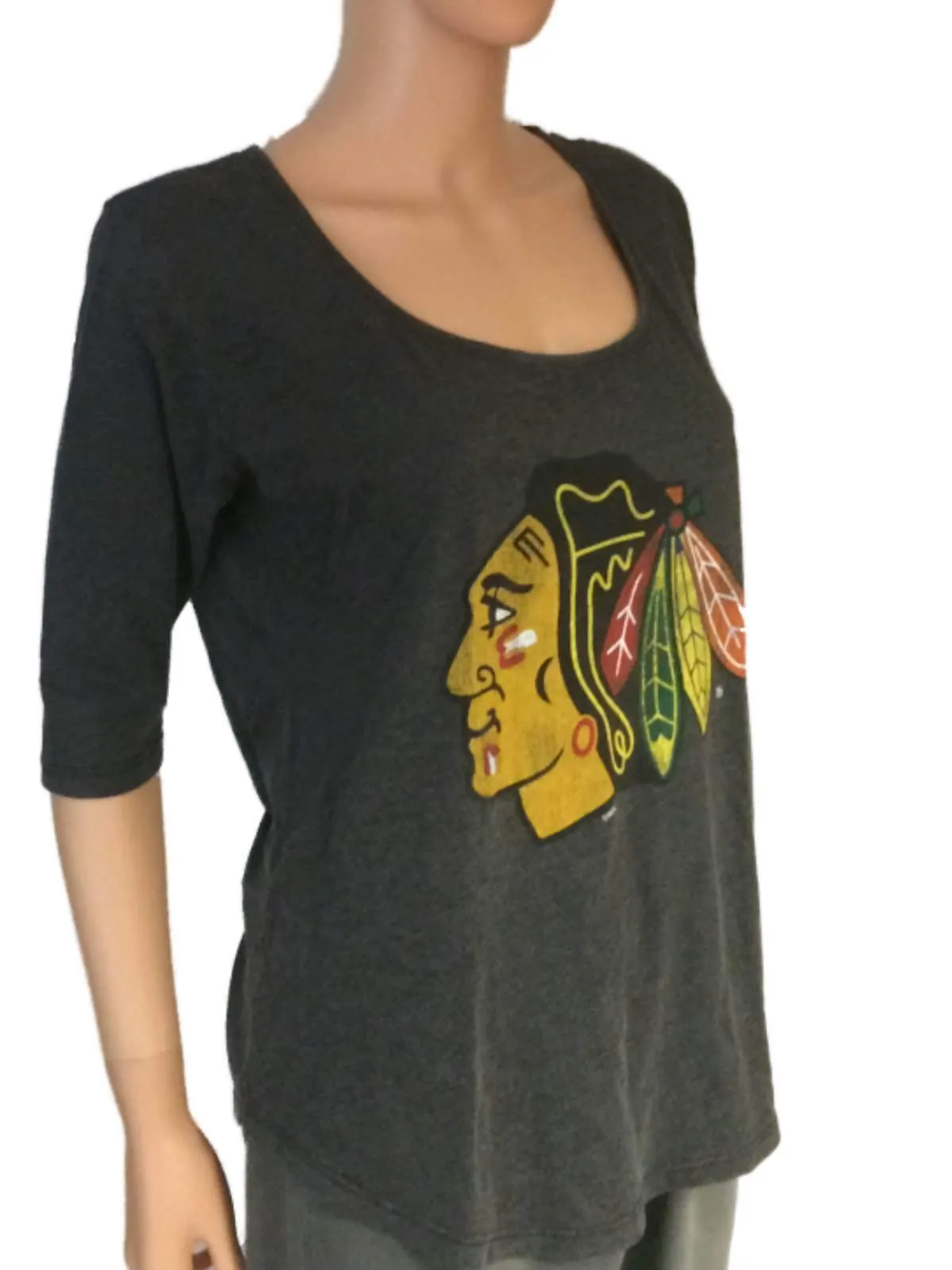 Chicago Blackhawks Retro Brand Women Gray 3/4 Sleeve Boyfriend T-Shirt