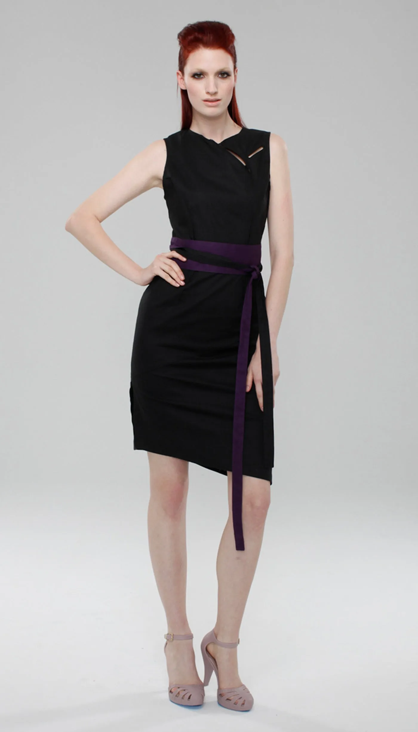 Classic Cut Out Dress in Hemp Blend w/ Reversible Obi Belt