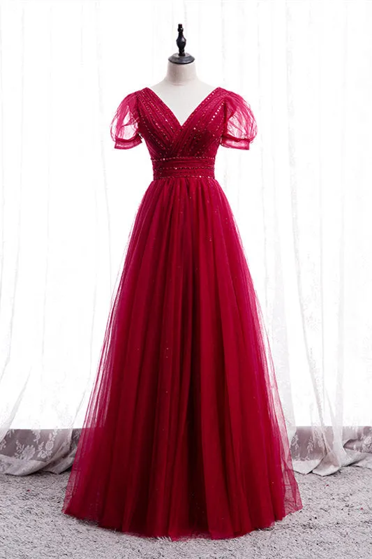 Classic Red V-Neck Beaded Long Formal Dress