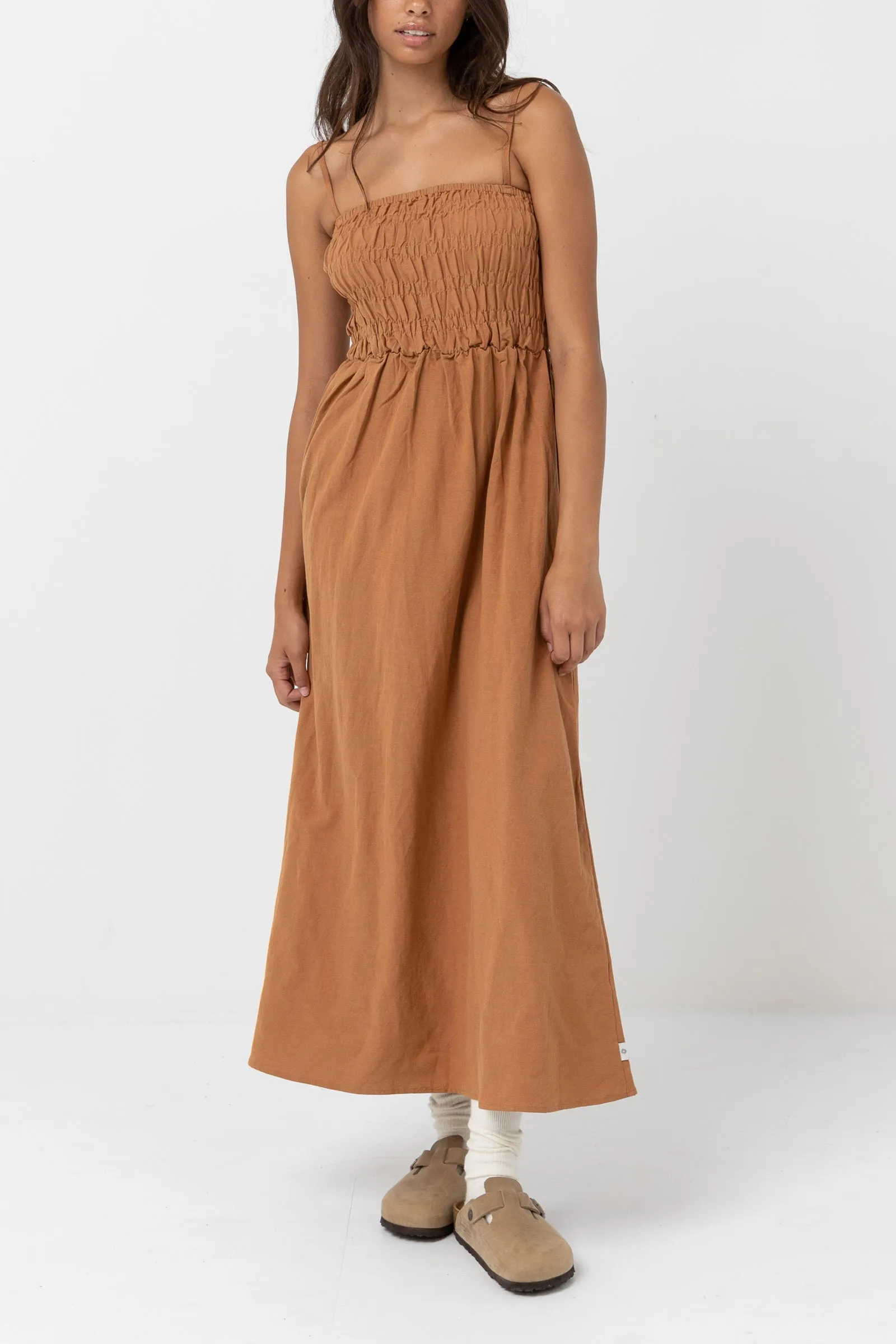 Classic Shirred Midi Dress Caramel