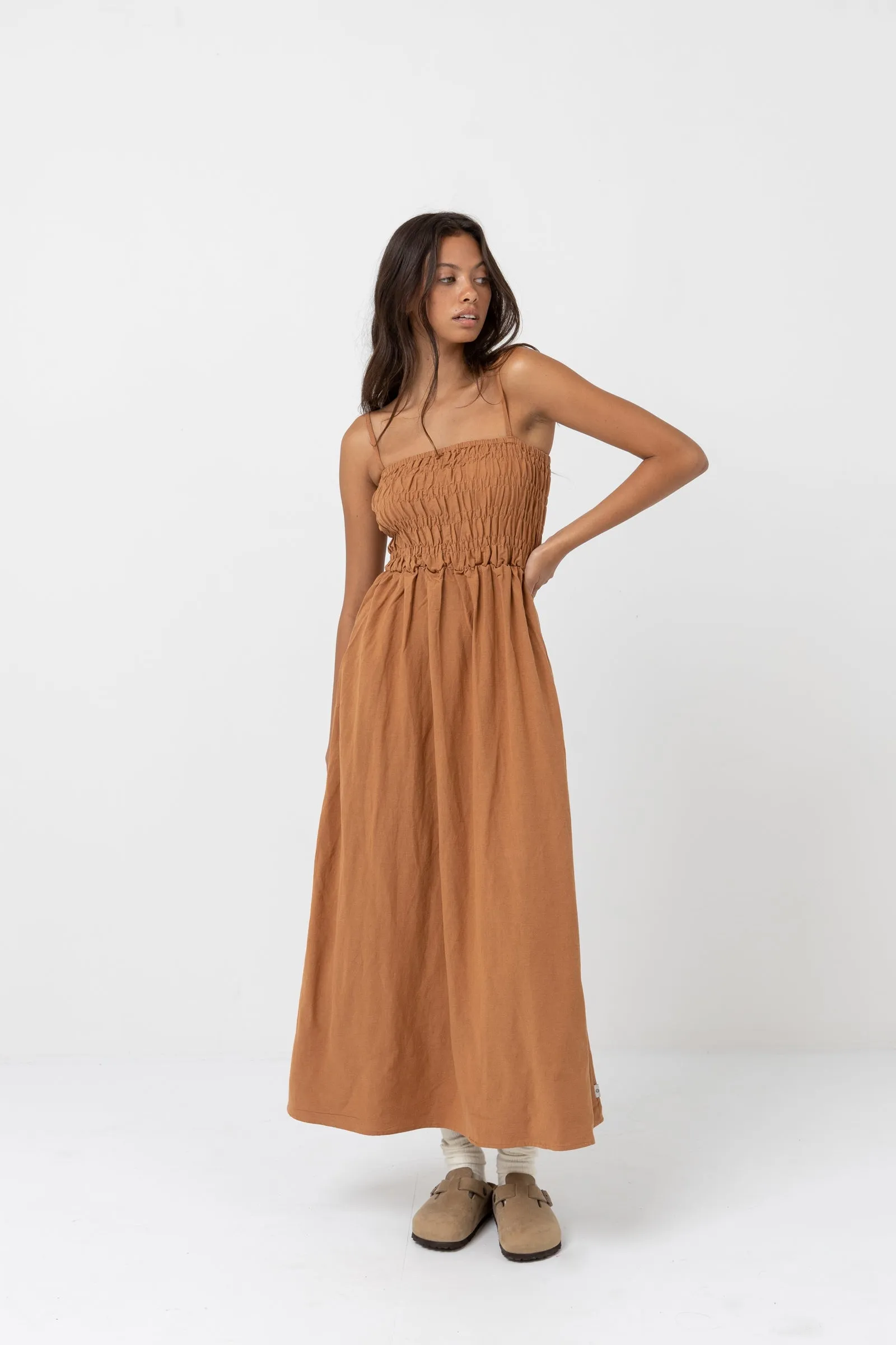 Classic Shirred Midi Dress Caramel