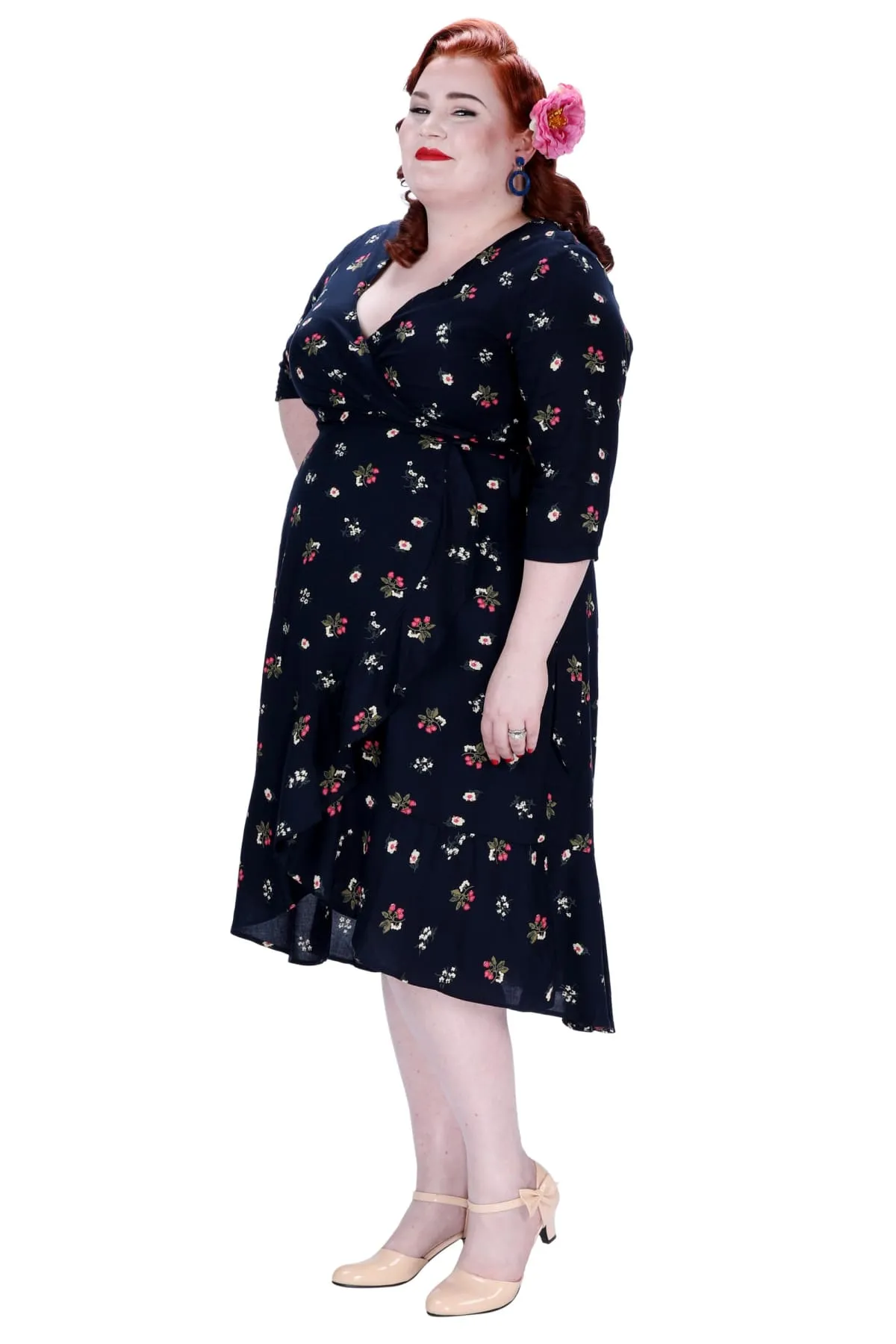 Classic Strawberry Flower Black Ruffle Wrap Dress