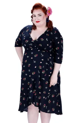 Classic Strawberry Flower Black Ruffle Wrap Dress