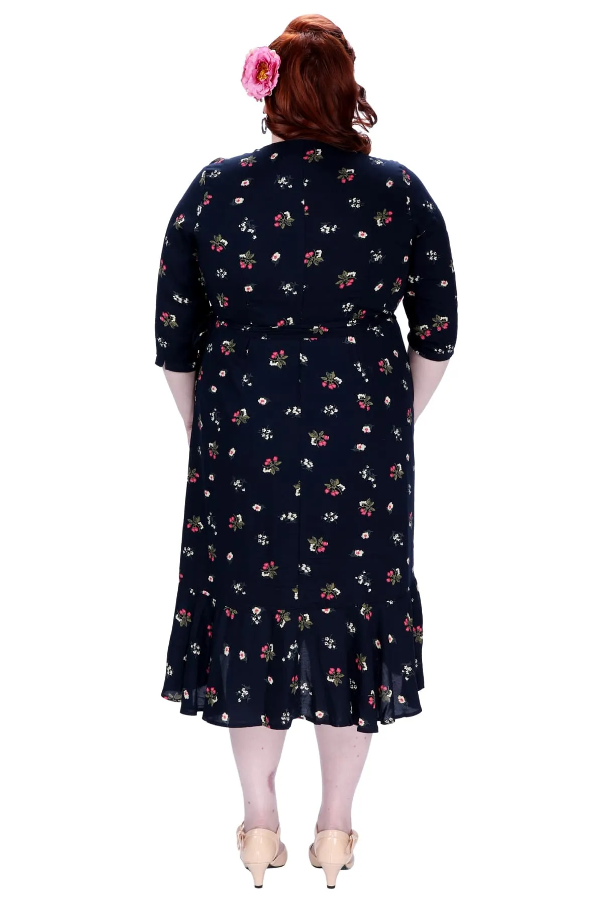 Classic Strawberry Flower Black Ruffle Wrap Dress