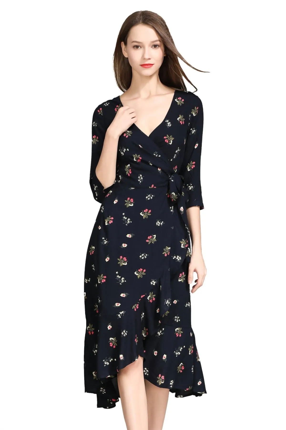 Classic Strawberry Flower Black Ruffle Wrap Dress