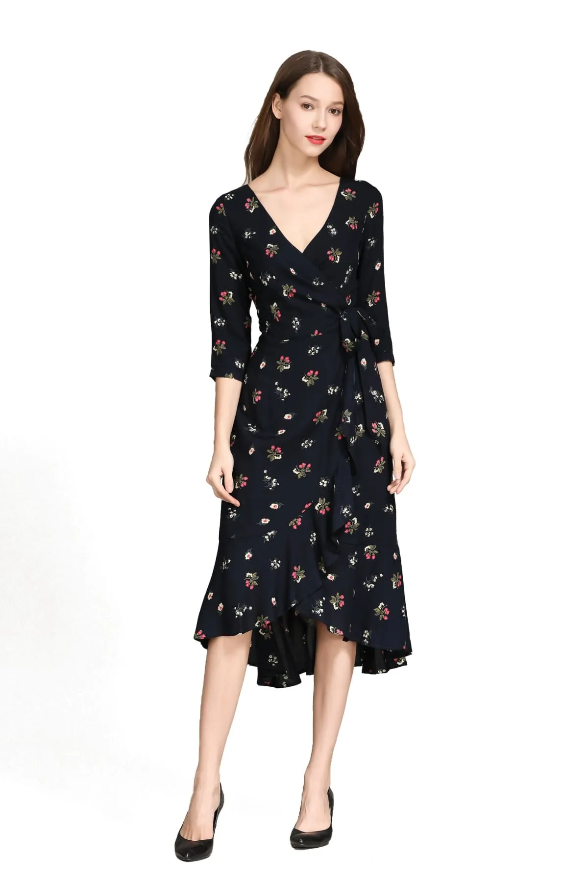 Classic Strawberry Flower Black Ruffle Wrap Dress