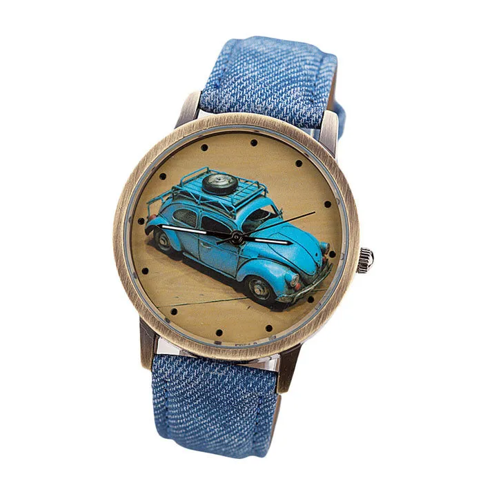 Concise Casual Watch Men And Women Retro Car Pattern Denim Twill Strap Watch Relogio masculino Men's Quartz Watch