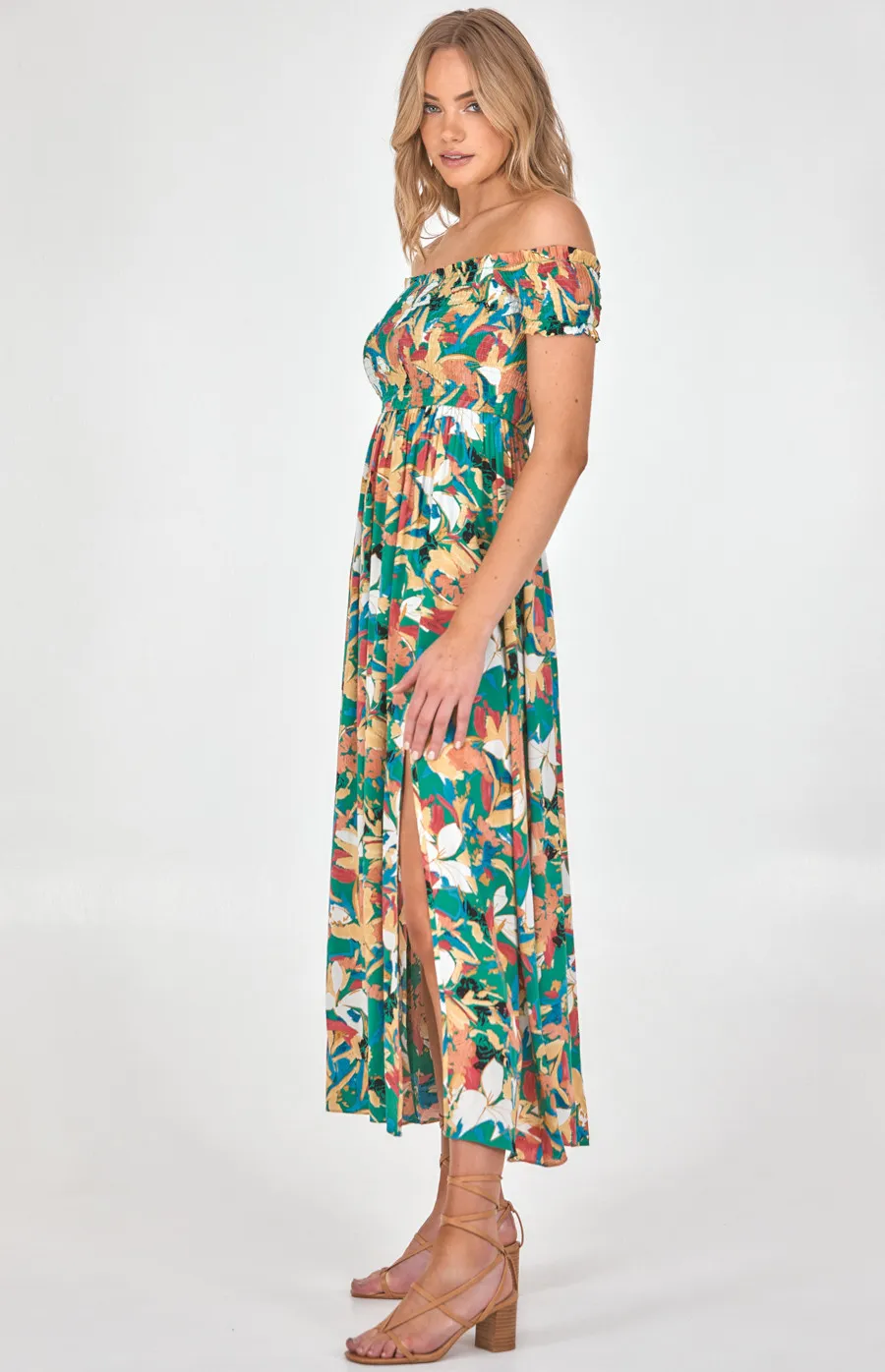 Cotton Off the Shoulder Shirred Bodice Maxi Dress (SDR1179A)