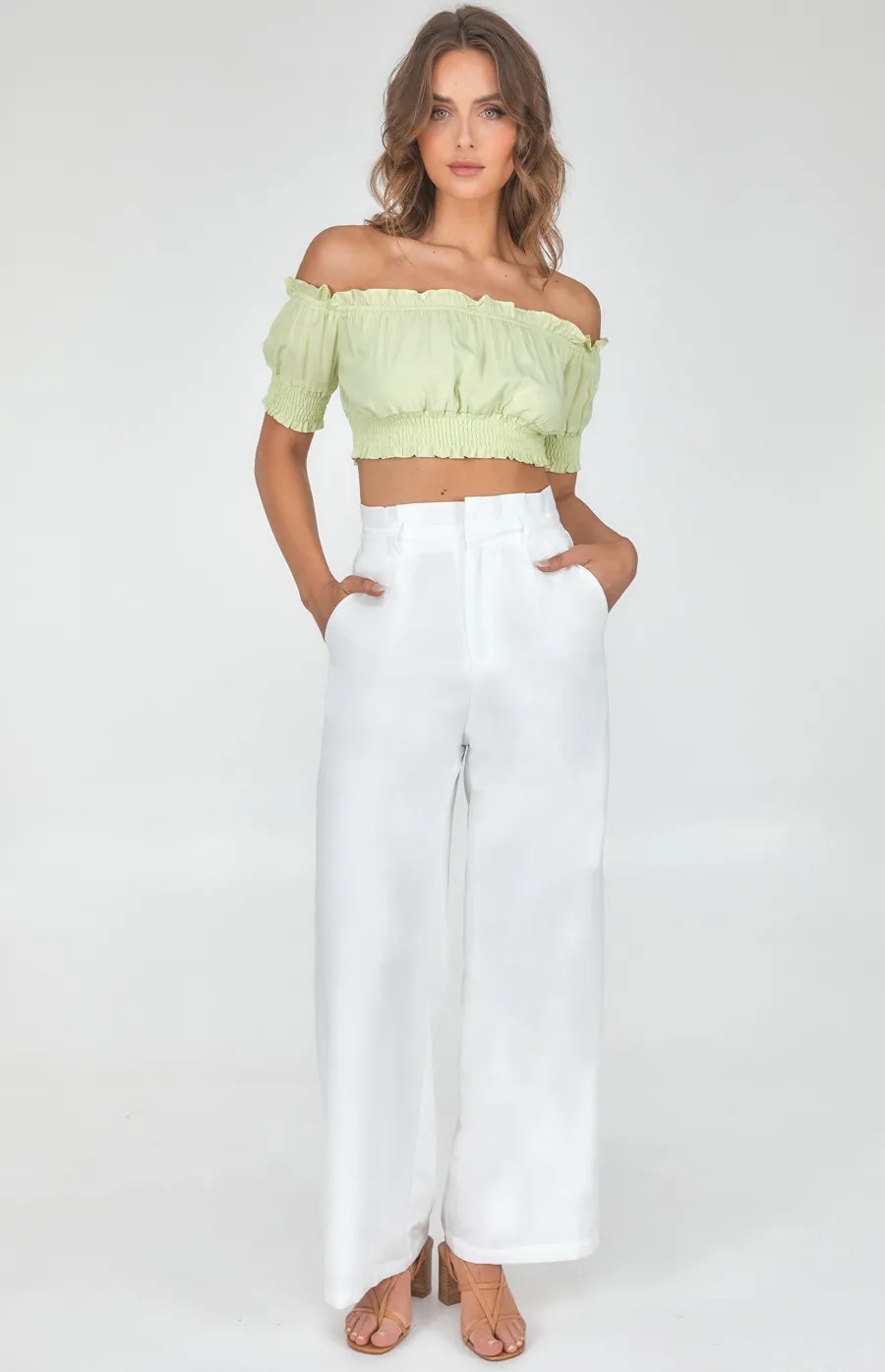 Cotton Off the Shoulder Shirred Detail Crop (WTO315B) 