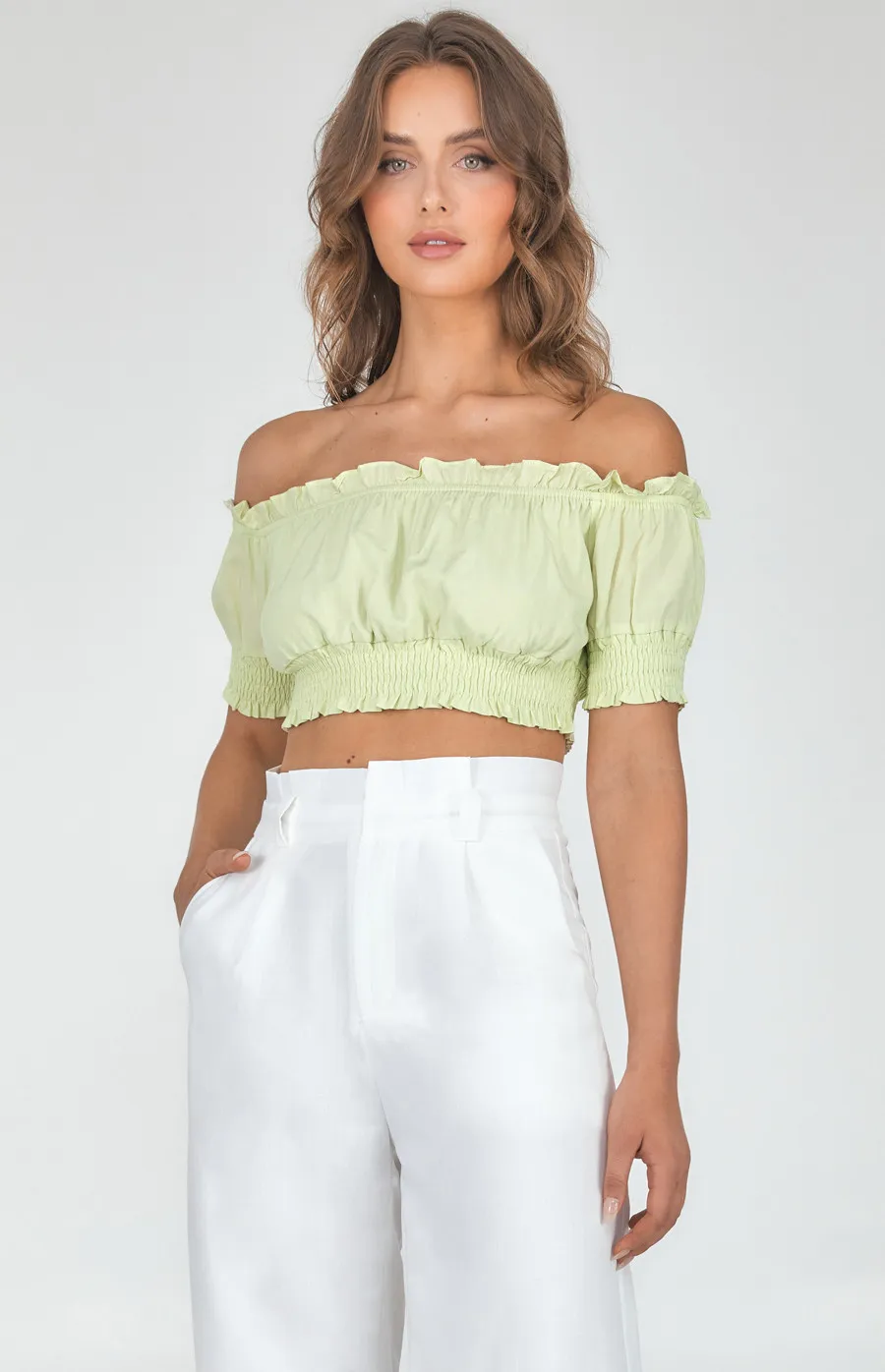 Cotton Off the Shoulder Shirred Detail Crop (WTO315B) 