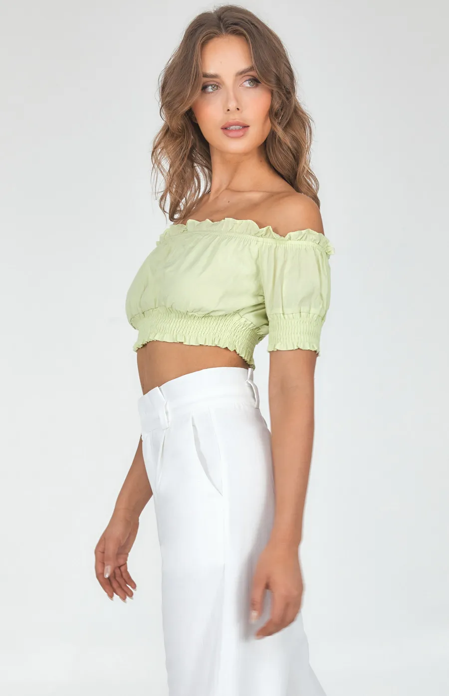 Cotton Off the Shoulder Shirred Detail Crop (WTO315B) 