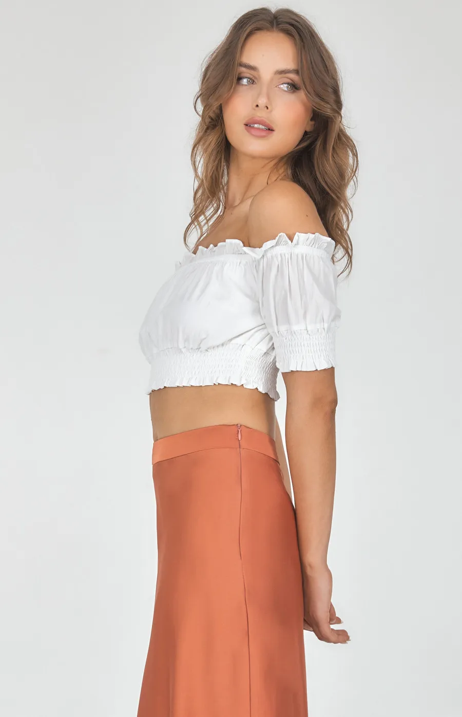 Cotton Off the Shoulder Shirred Detail Crop (WTO315B) 