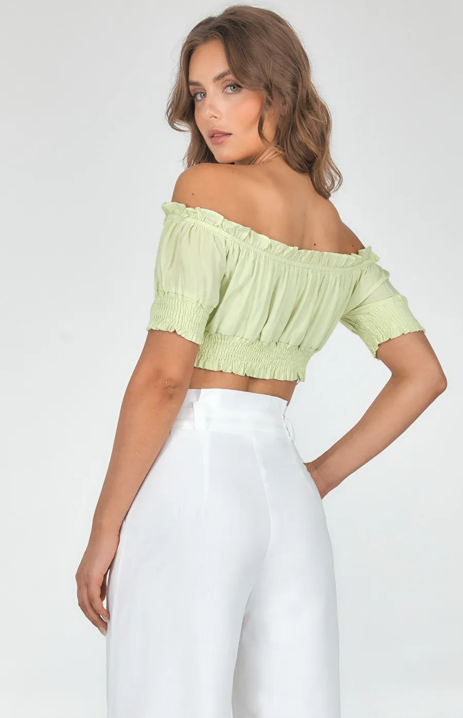 Cotton Off the Shoulder Shirred Detail Crop (WTO315B) 