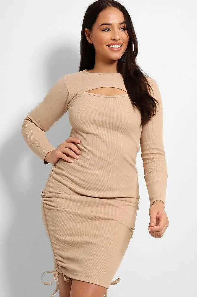 Cut Out Neckline Drawstring Sides Bodycon Dress