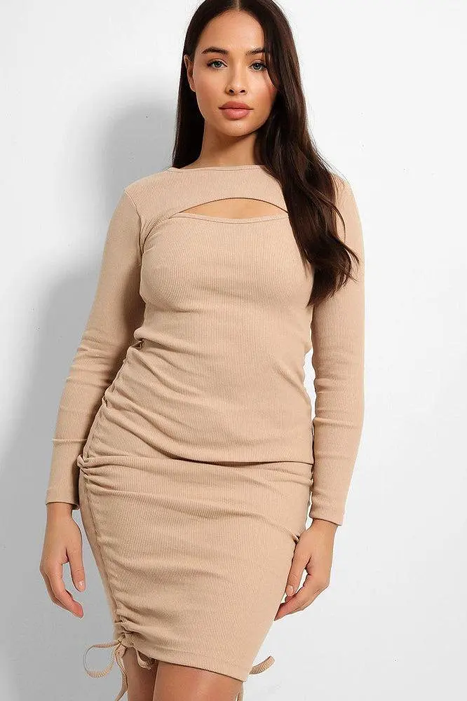 Cut Out Neckline Drawstring Sides Bodycon Dress