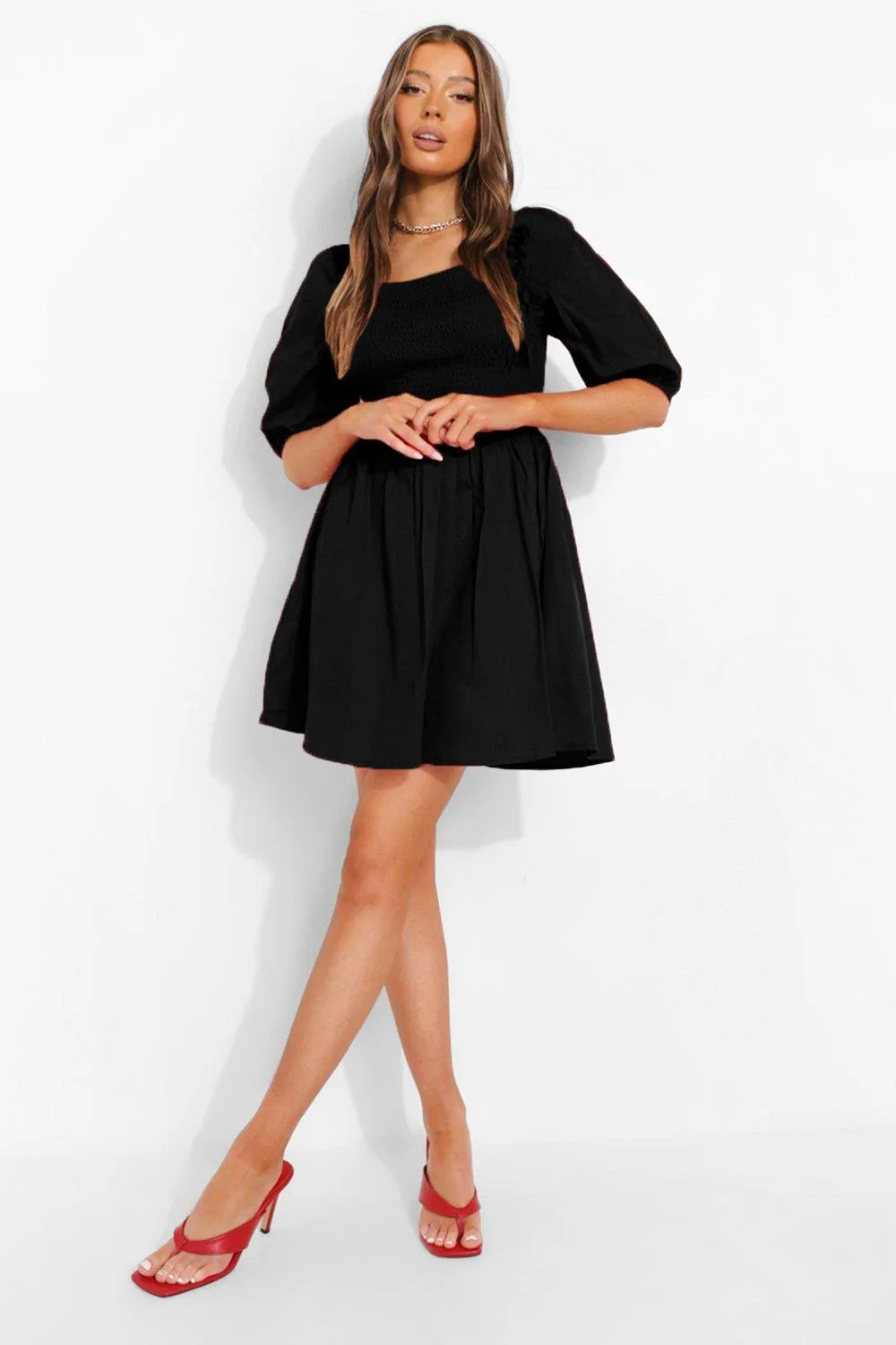 Dresses | Cotton Shirred Skater Dress | boohoo