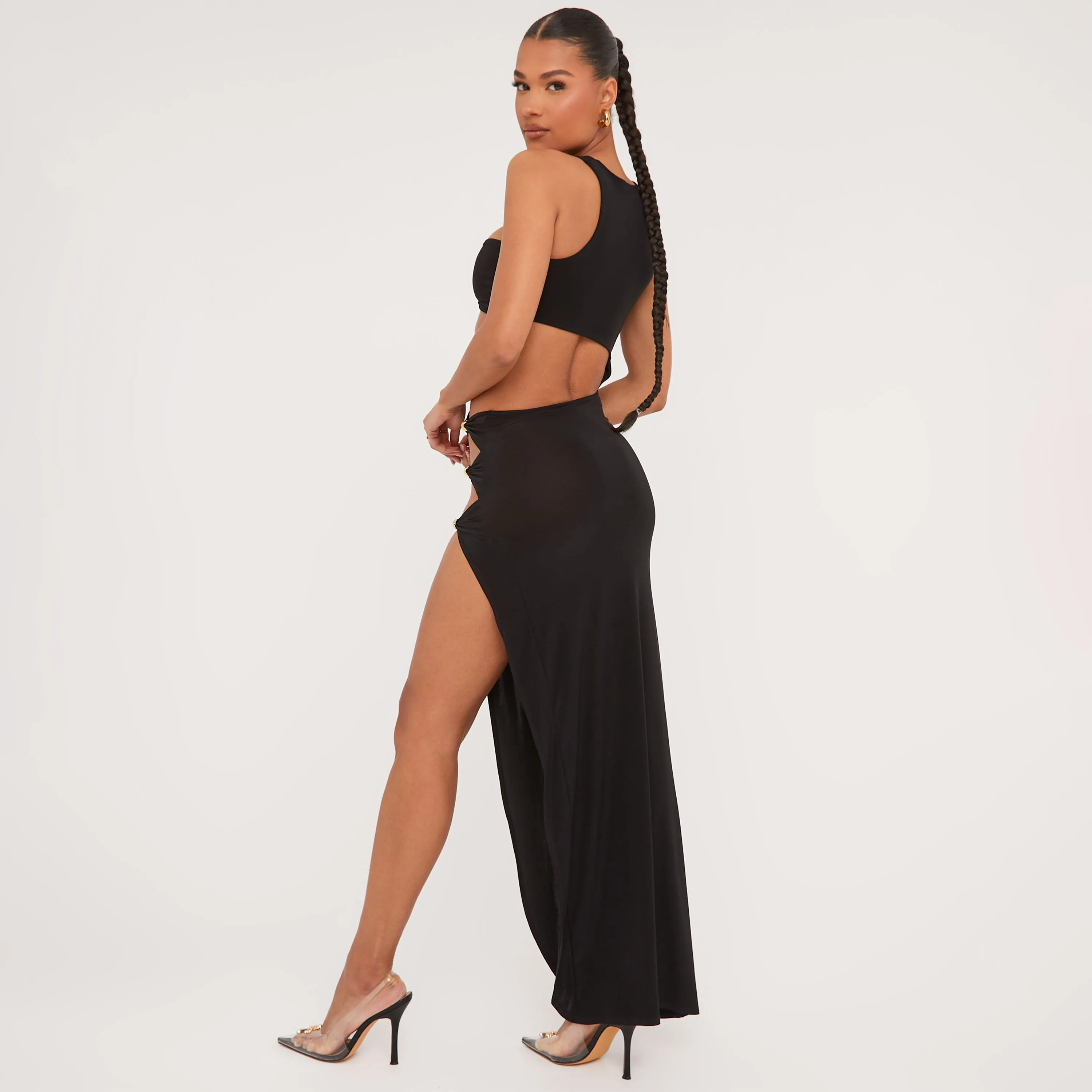 Extreme Cut Out Beaded Detail Split Leg Maxi Dress In Black