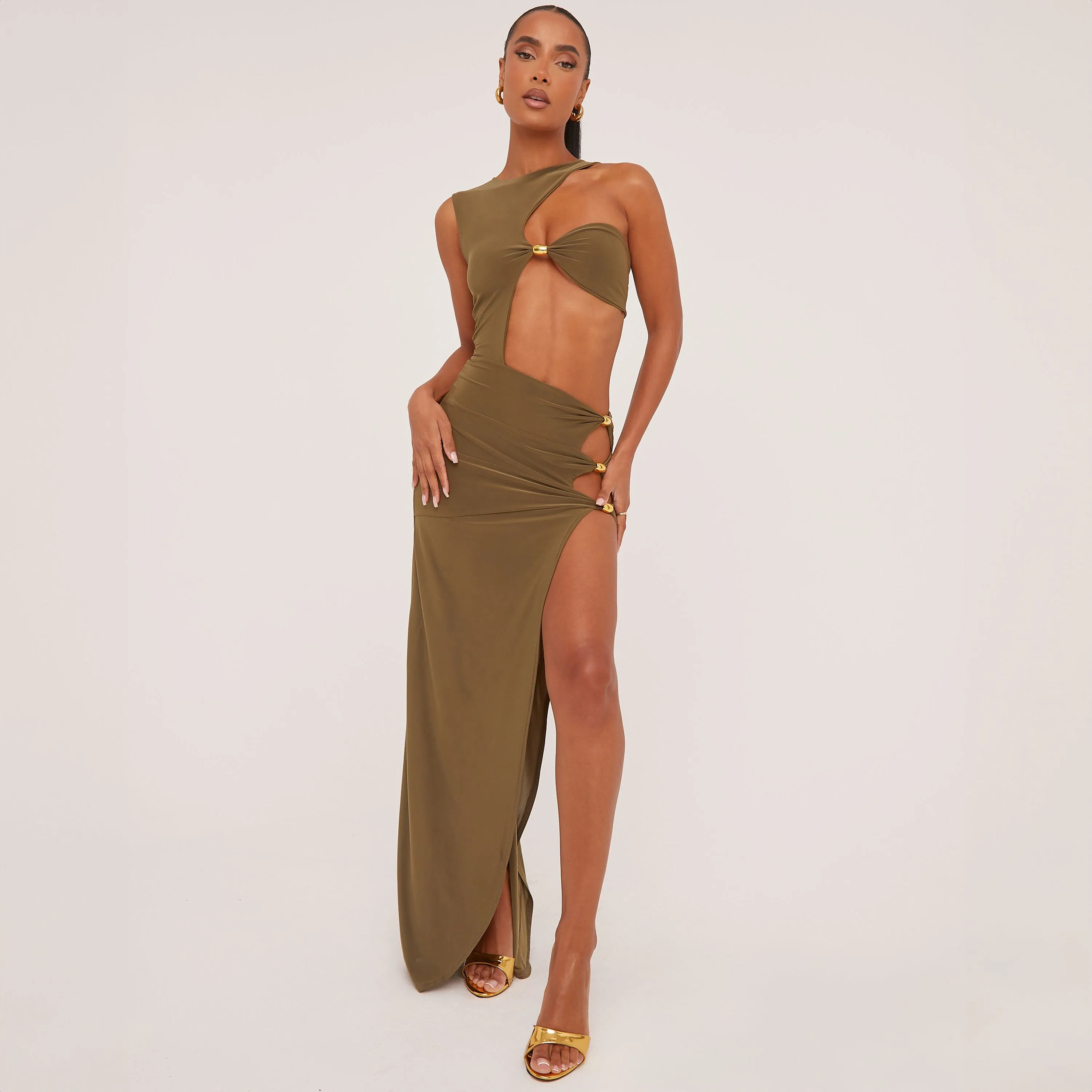 Extreme Cut Out Beaded Detail Split Leg Maxi Dress In Olive Green