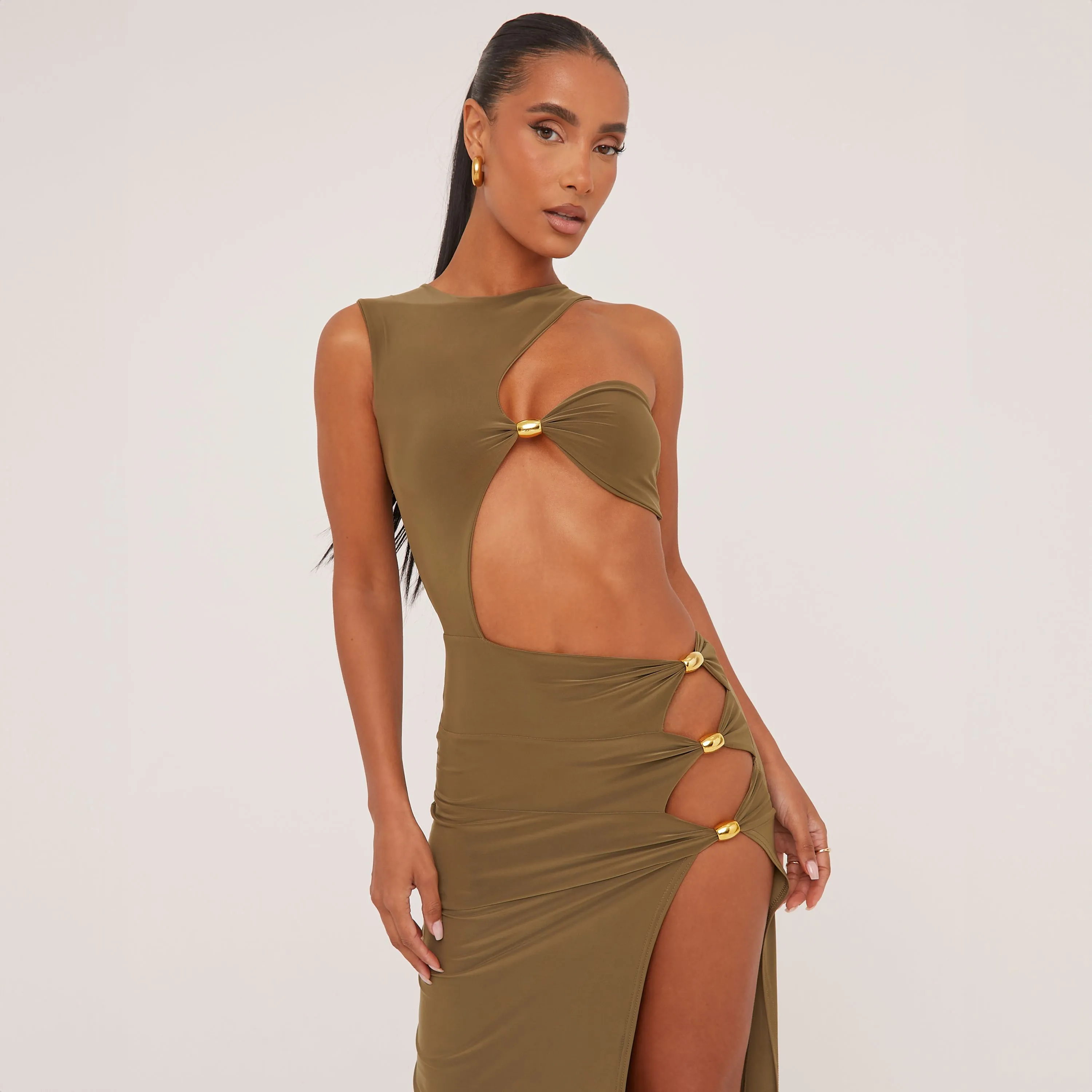 Extreme Cut Out Beaded Detail Split Leg Maxi Dress In Olive Green