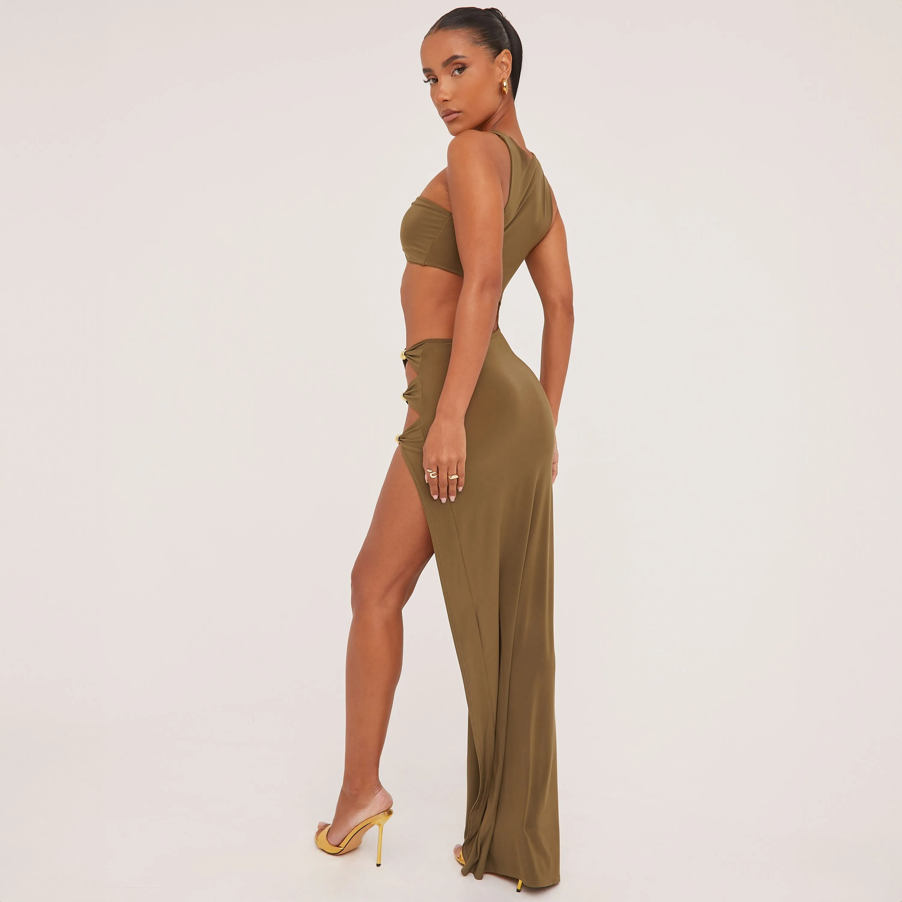 Extreme Cut Out Beaded Detail Split Leg Maxi Dress In Olive Green