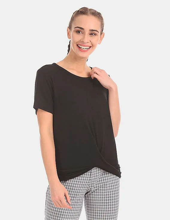 GAP Women Black Crew Neck Softspun Twist Front Stretch T-Shirt